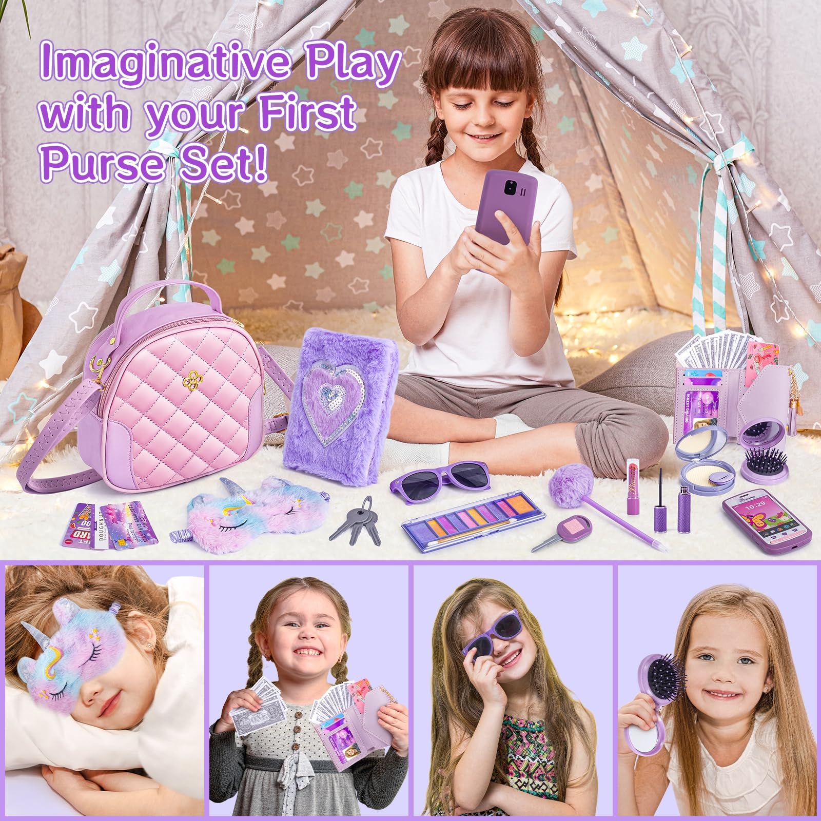 Little Girl Purse Accessories, My First Purse Set - Play Makeup Princess Plush Diary Unicorn Eye Mask Wallet Phone Pretend Credit Cards Kids Pretend Play Christmas Toy Gift for Girl Age 3+ - Image 5