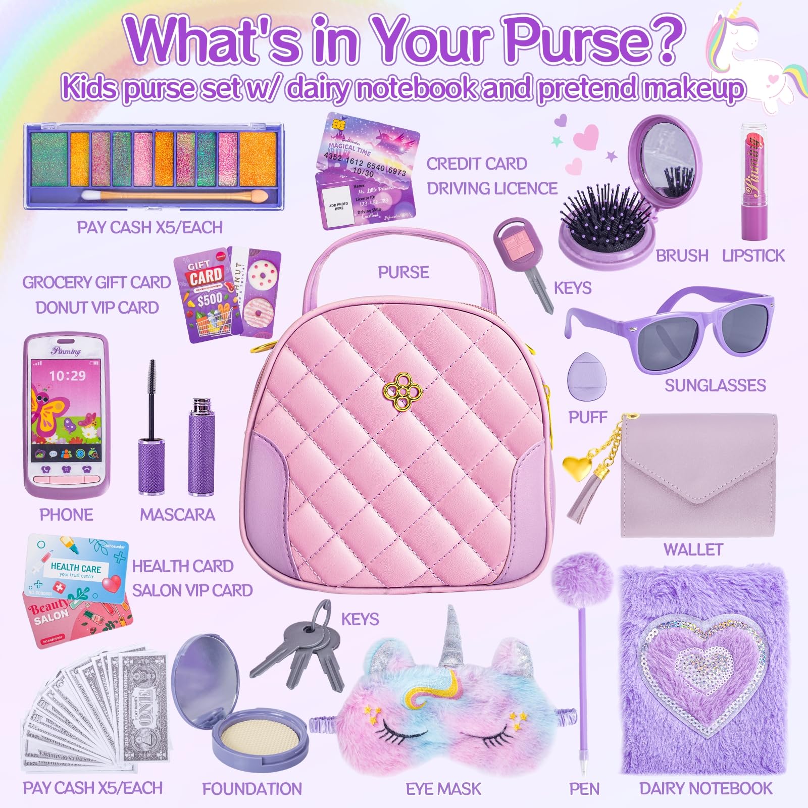 Little Girl Purse Accessories, My First Purse Set - Play Makeup Princess Plush Diary Unicorn Eye Mask Wallet Phone Pretend Credit Cards Kids Pretend Play Christmas Toy Gift for Girl Age 3+ - Image 6
