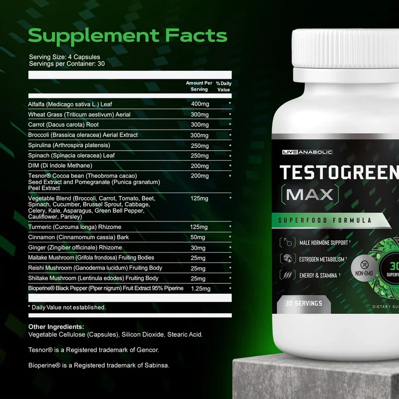 Live Anabolic TestoGreens MAX 30-Day Supply - Men’s Daily Supplement with Tesnor, DIM & Bioperine for Natural Hormone Balance, Enhanced Energy & Stamina, Includes Powerful Plant Extracts - Image 6