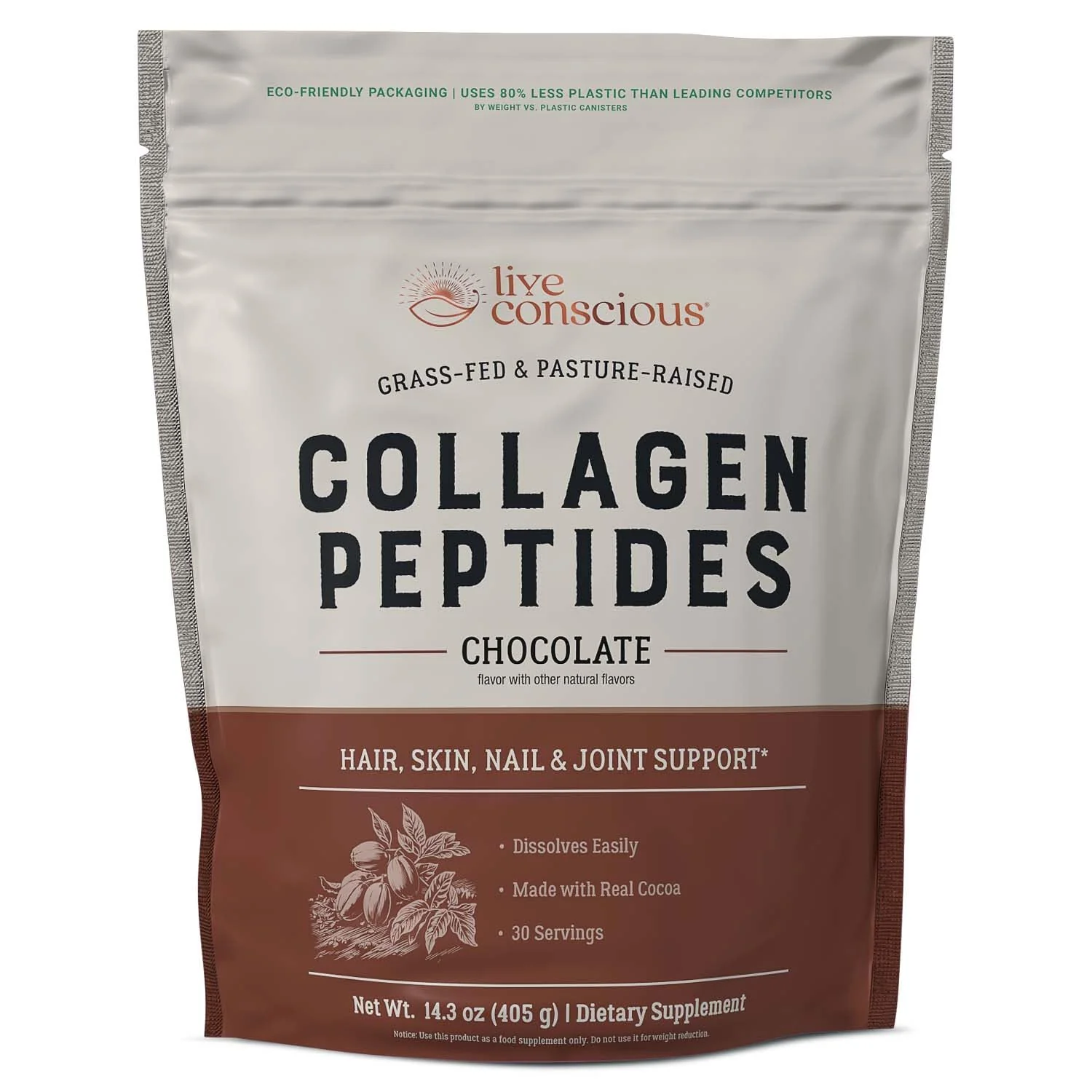 Live Conscious Collagen Peptides Powder - Chocolate Collagen Powder - Hair, Skin, Nail, and Joint Support - Type I & III Grass-Fed Collagen Supplements for Women and Men - 30 Servings - 14.3oz - Image 2