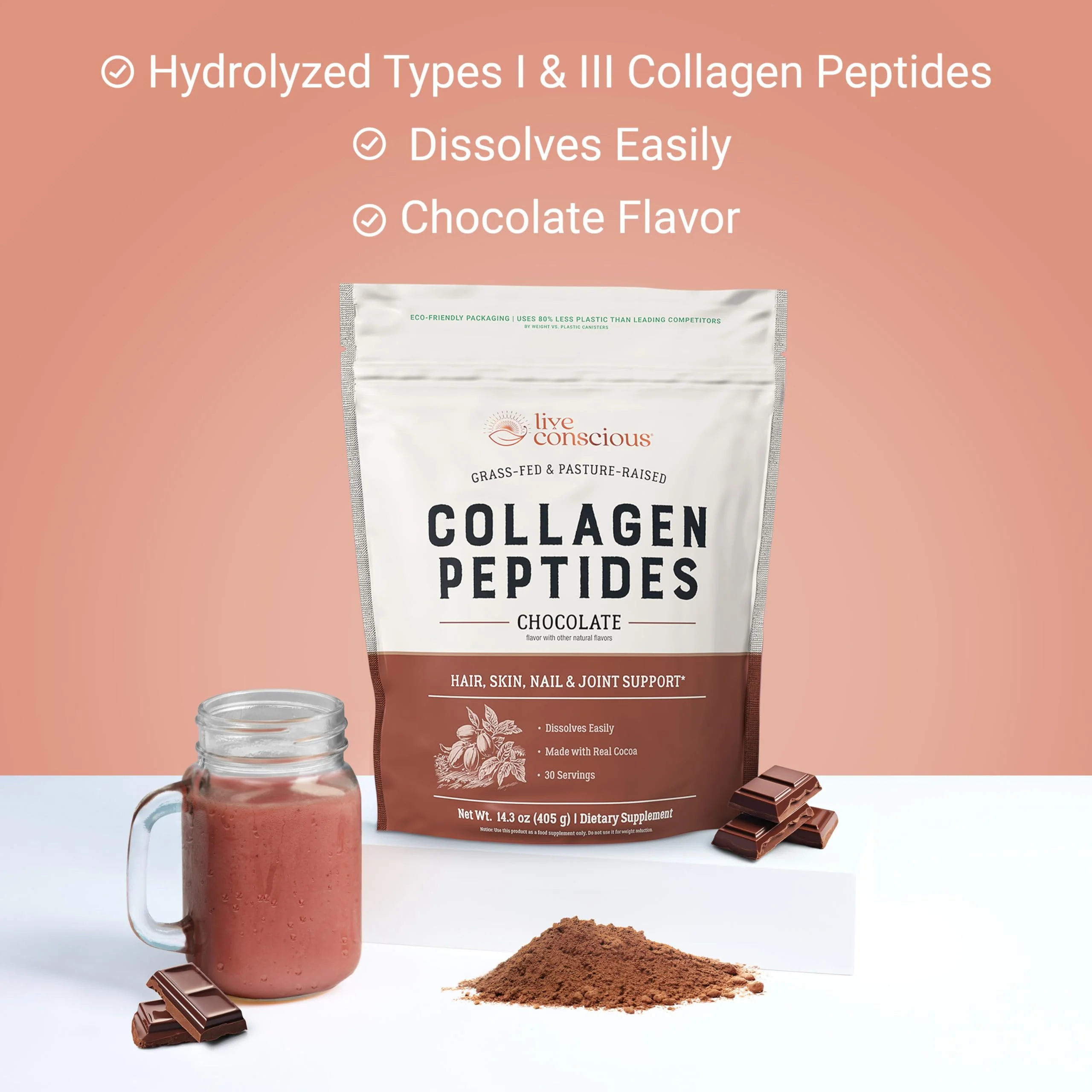 Live Conscious Collagen Peptides Powder - Chocolate Collagen Powder - Hair, Skin, Nail, and Joint Support - Type I & III Grass-Fed Collagen Supplements for Women and Men - 30 Servings - 14.3oz - Image 6