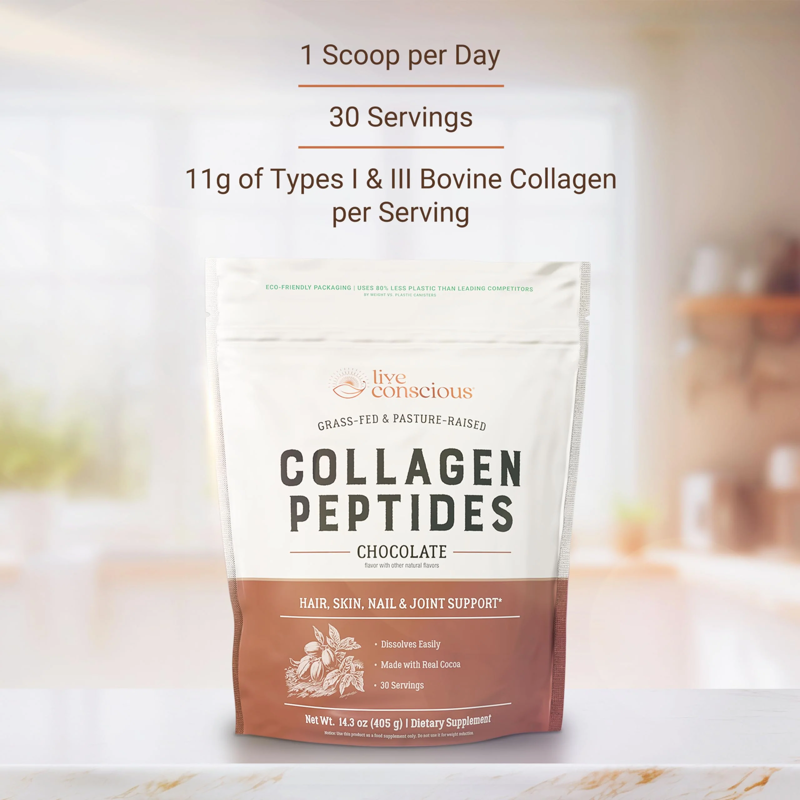 Live Conscious Collagen Peptides Powder - Chocolate Collagen Powder - Hair, Skin, Nail, and Joint Support - Type I & III Grass-Fed Collagen Supplements for Women and Men - 30 Servings - 14.3oz - Image 7