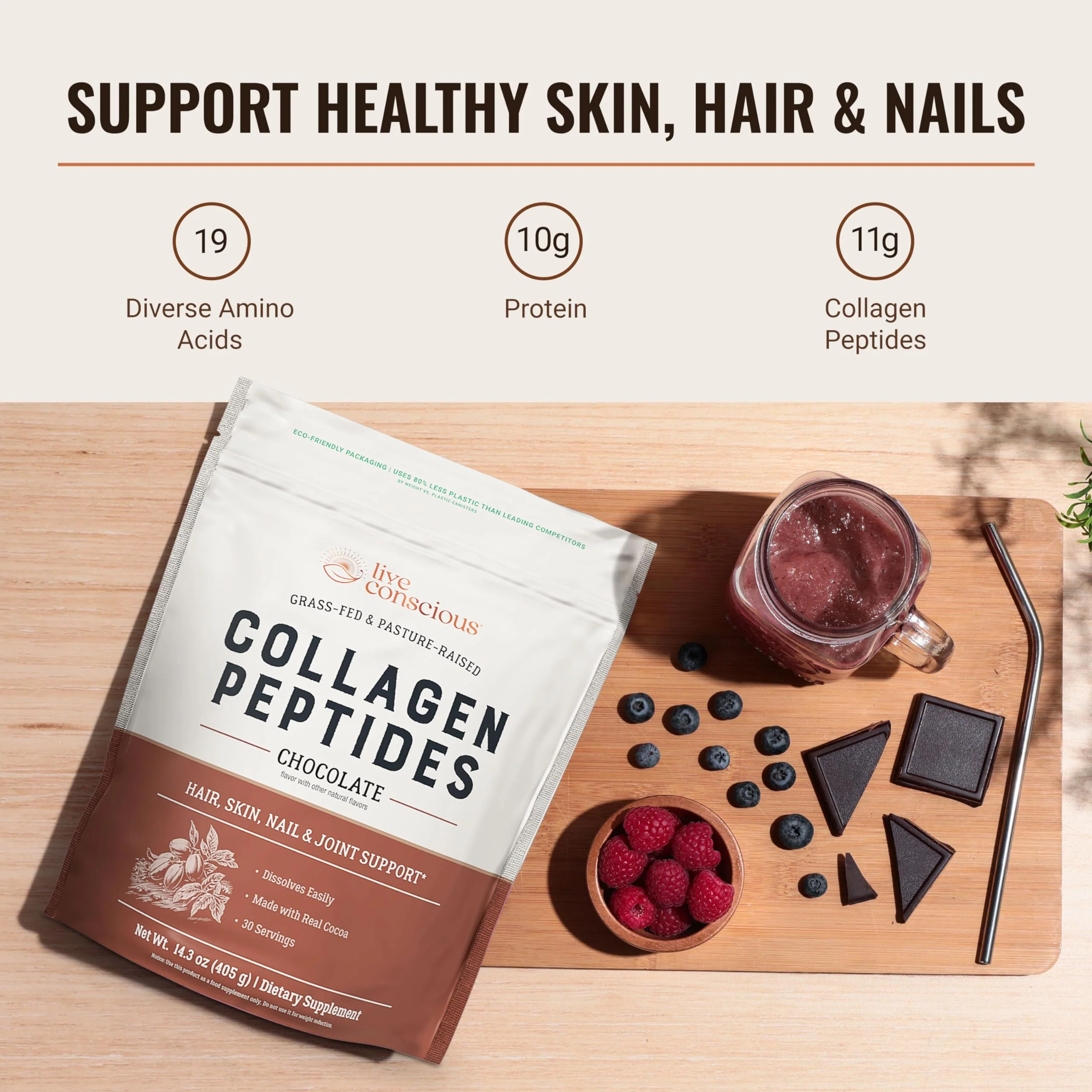 Live Conscious Collagen Peptides Powder - Chocolate Collagen Powder - Hair, Skin, Nail, and Joint Support - Type I & III Grass-Fed Collagen Supplements for Women and Men - 30 Servings - 14.3oz - Image 8