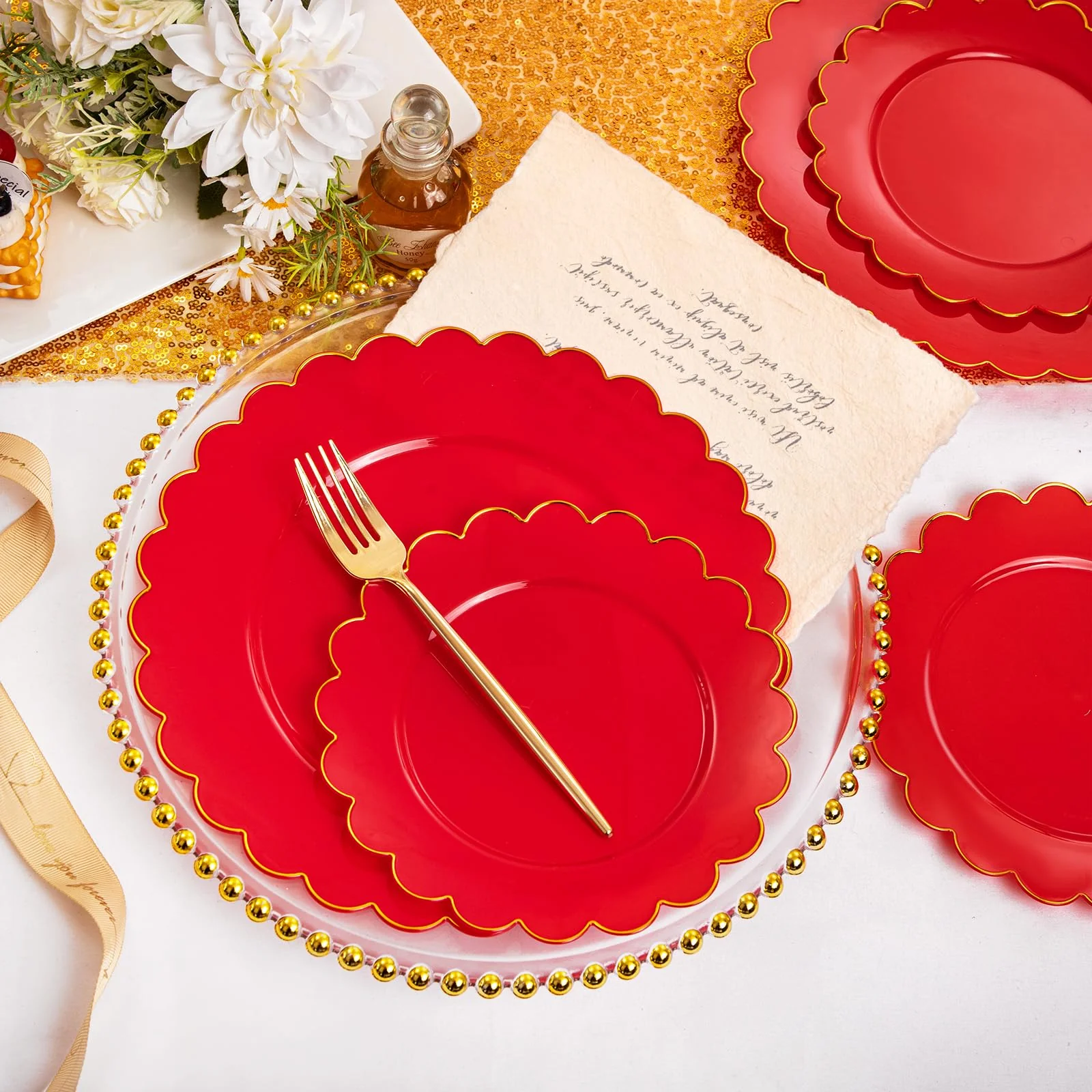 LIYH 60 Pcs Red Scalloped Plastic Christmas Plates with Gold Edge - Red Disposable Plates with Gold Rim Includes 30 Dessert & 30 Dinner Plate Dishes Tableware for Party Christmas Day - Image 3