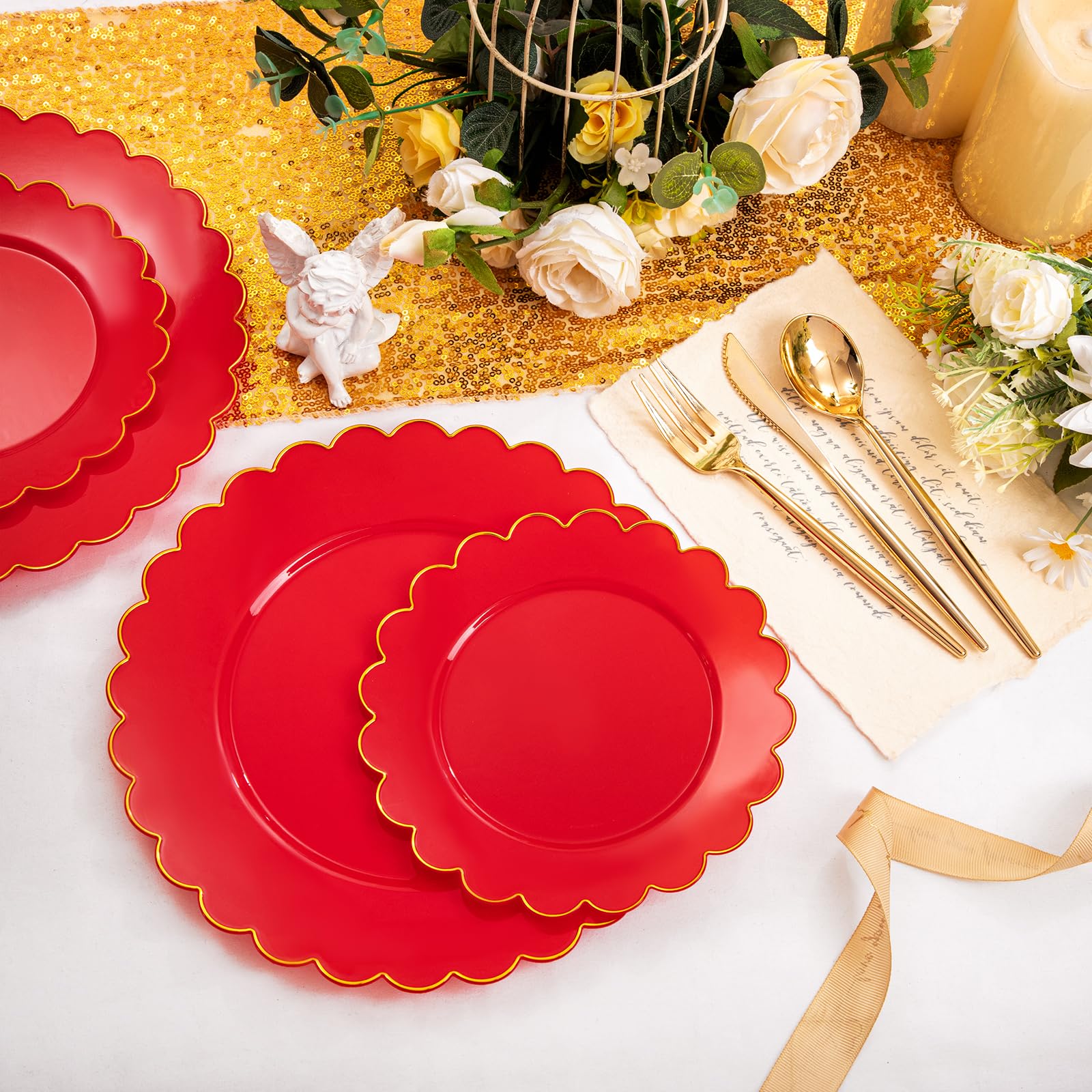 LIYH 60 Pcs Red Scalloped Plastic Christmas Plates with Gold Edge - Red Disposable Plates with Gold Rim Includes 30 Dessert & 30 Dinner Plate Dishes Tableware for Party Christmas Day - Image 7