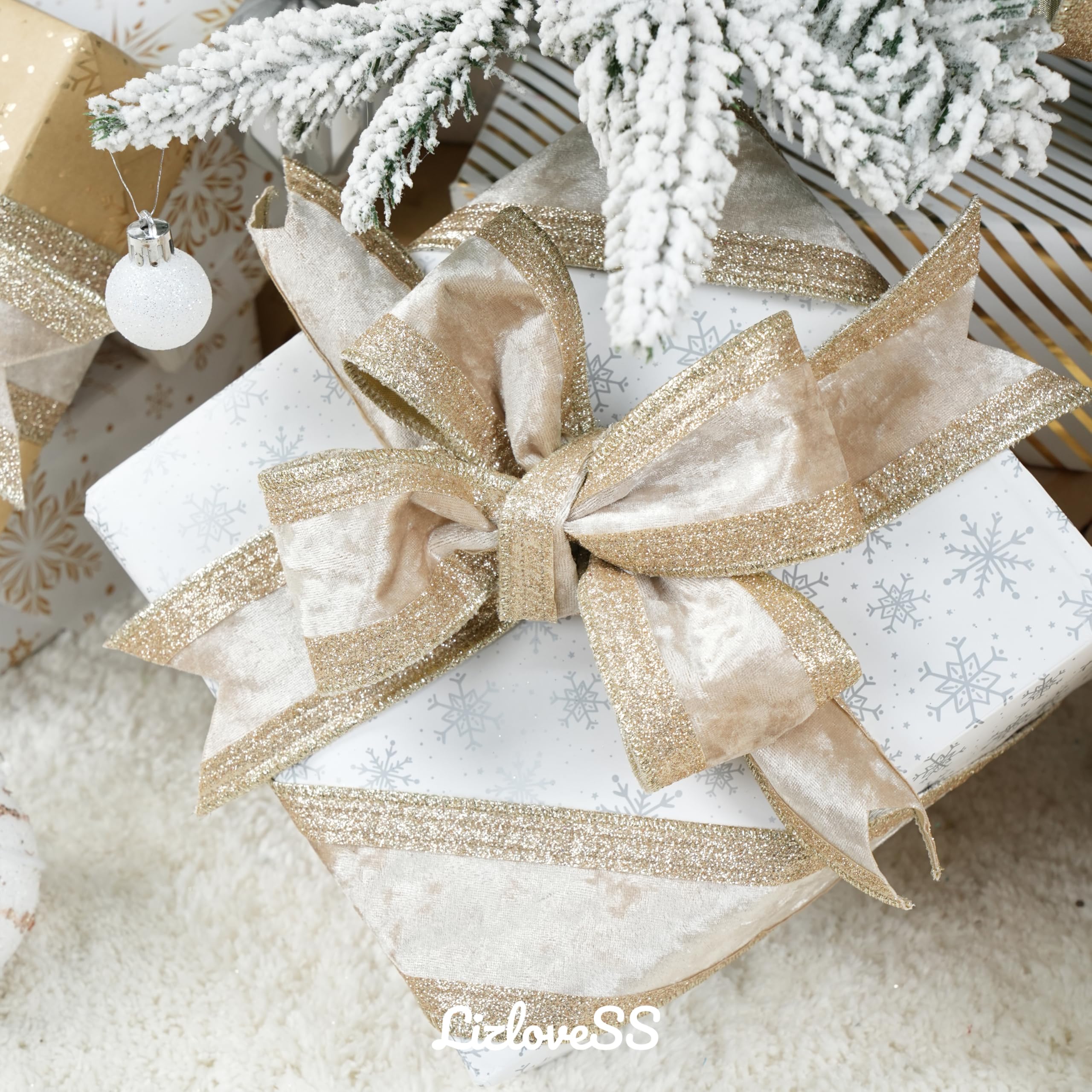 LIZLOVESS Champagne Gold Velvet Wired Ribbon 2.5" X 10 Yards with Glitter Border Stripe Christmas Ribbon for Tree, Wreath Supplies, Garlands Making - Image 4
