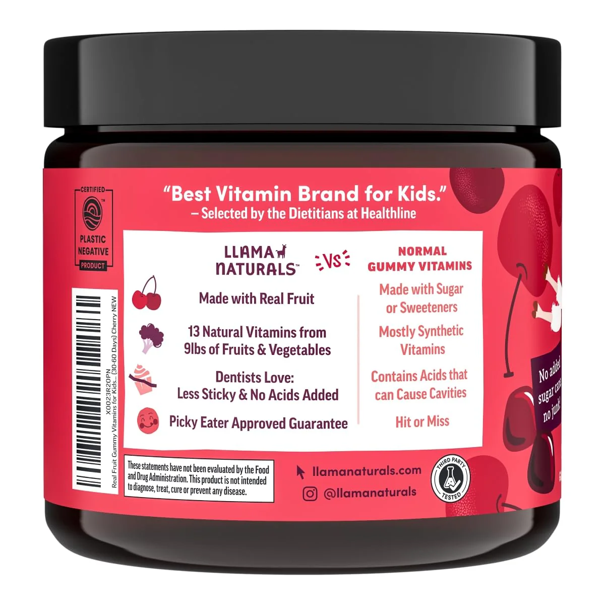 Llama Naturals Kids Multivitamin Gummies, Vegan, Organic with Vitamin D, C & K, Toddler Real Fruit Gummy Vitamins, Chewable Supplement, Whole Food Multivitamin, No Added Sugar Cane, Cherry, 2 Pk - Image 3