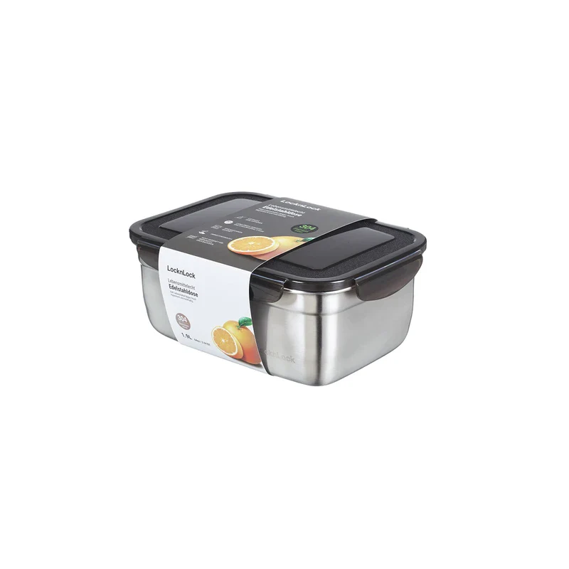 LocknLock Stainless Steel Storage Jar with Lid, 1.9 L, 225 x 160 x 85 mm, BPA-Free, Dishwasher Safe, Freezer Safe up to -20°C, Stainless Steel Storage Box with Lid