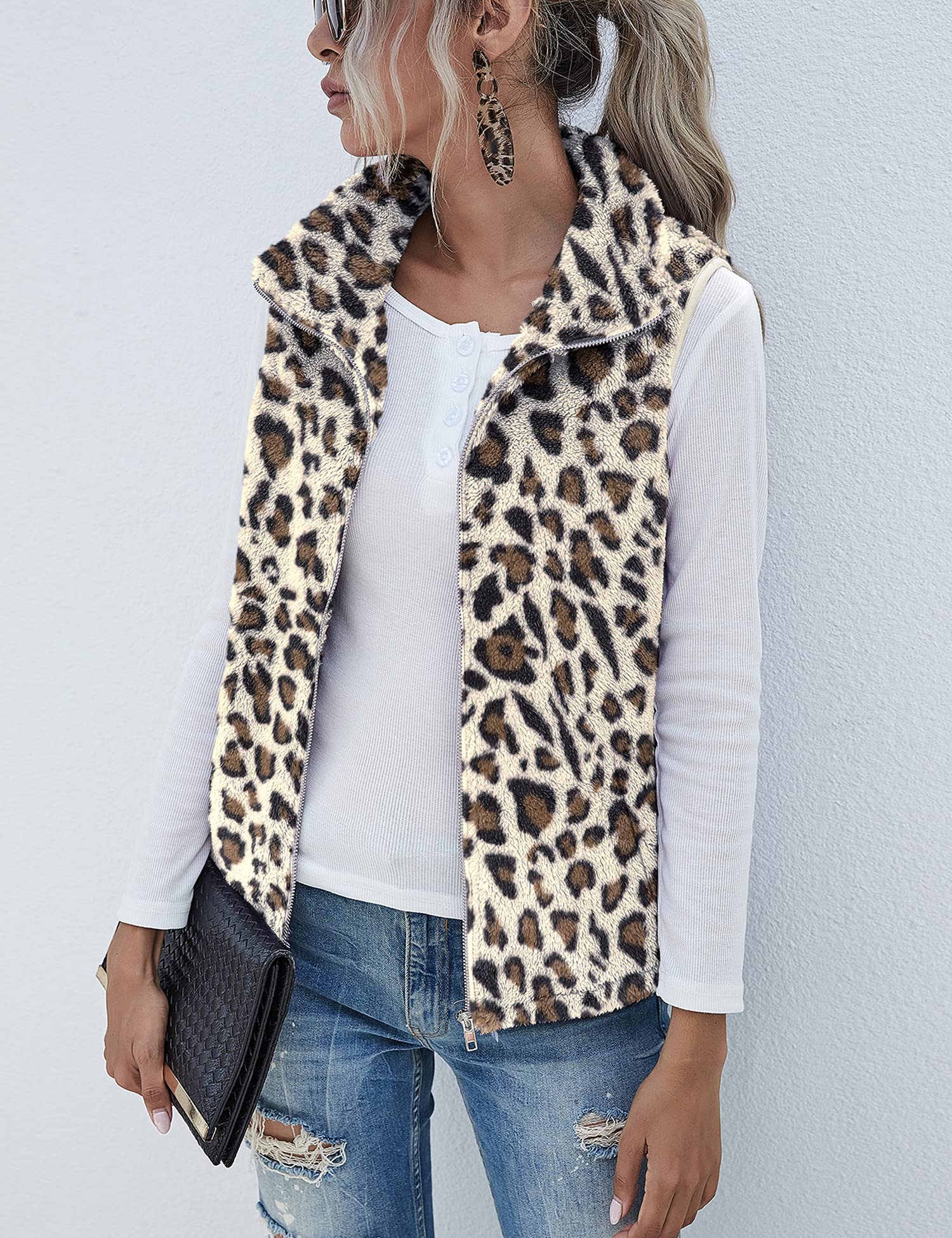 LOMON Women's Leopard Sleeveless Zipper Sherpa Fleece Vest Christmas Jacket Coat with Pockets Apricot Leopard L - Image 6