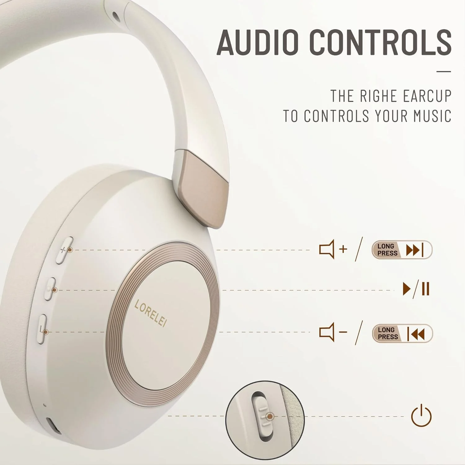 LORELEI B-C6 Wireless Over Ear Headphones, 50H Playtime Foldable Lightweight Bluetooth Headsets, Deep Bass, Built-in Microphone, Memory Foam Earmuff, for Travel, Home Office (Beige White) - Image 6