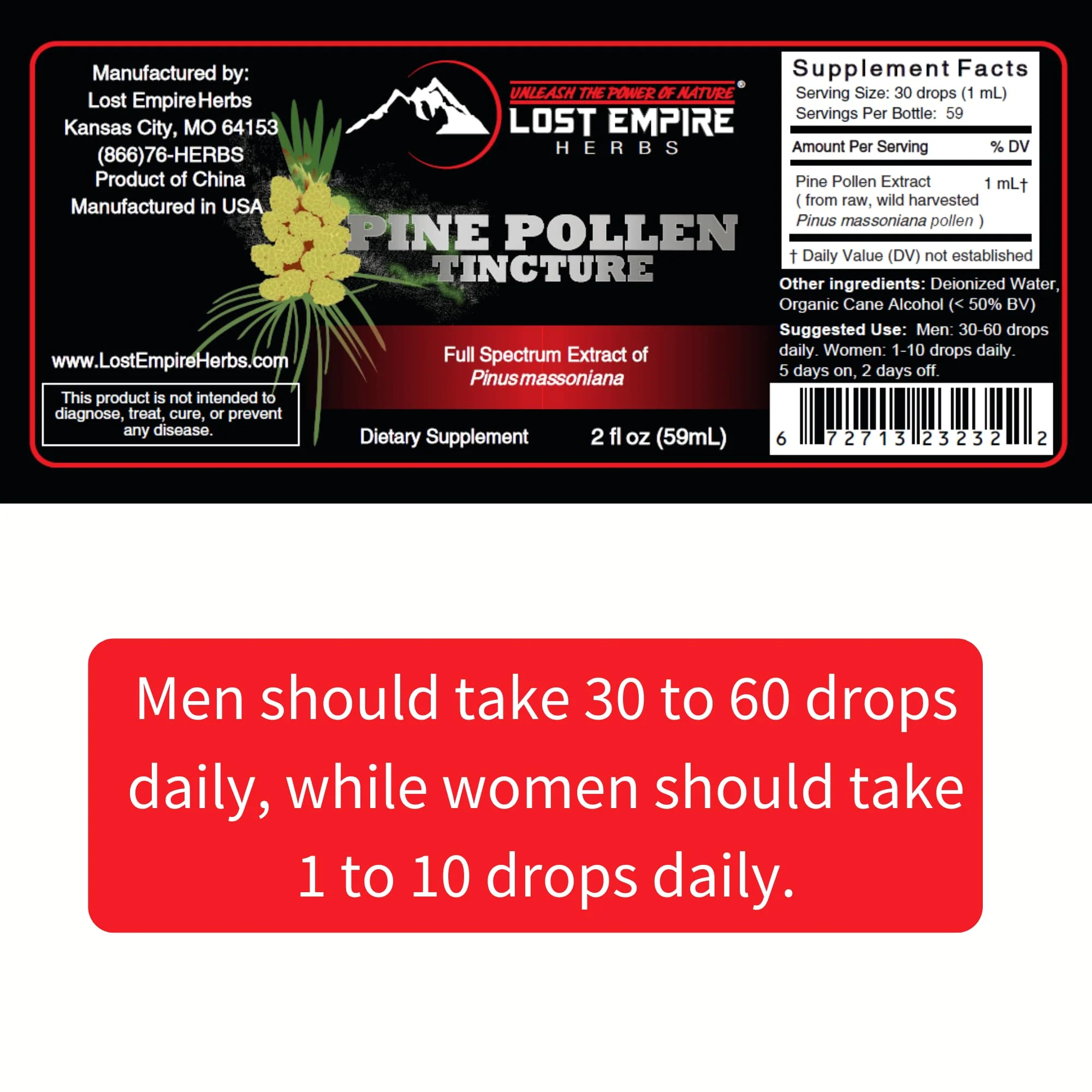 Lost Empire Herbs Pine Pollen Tincture Pine Pollen Liquid Extract for Testosterone - Alcohol Tincture is Superior for Better Absorption, 3rd Party Lab Tested (2 Ounce) - Image 2