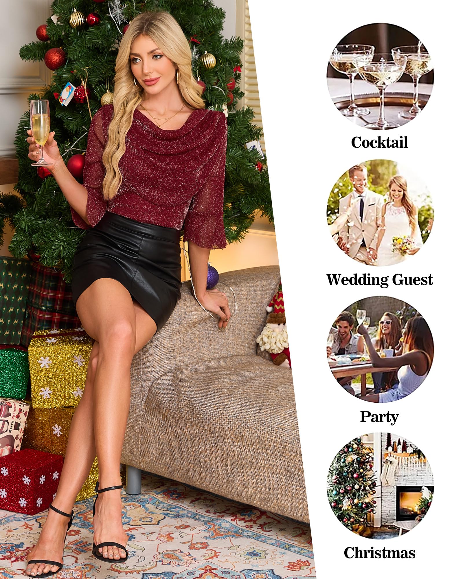 Lotusmile Sparkly Christmas Tops for Women: Womens Blouses Dressy Casual - 3/4 Sleeve Blouses Cowl Neck Shirts for Women Wedding Guest Dressy - Mesh Festive Red Women's Clothing Christmas Party Red XL - Image 2