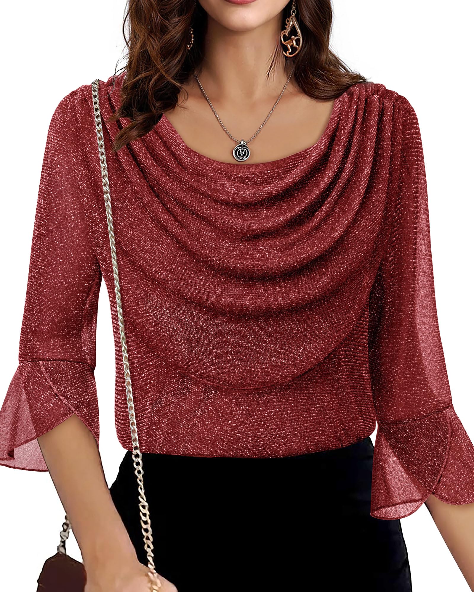 Lotusmile Sparkly Christmas Tops for Women: Womens Blouses Dressy Casual - 3/4 Sleeve Blouses Cowl Neck Shirts for Women Wedding Guest Dressy - Mesh Festive Red Women's Clothing Christmas Party Red XL - Image 5