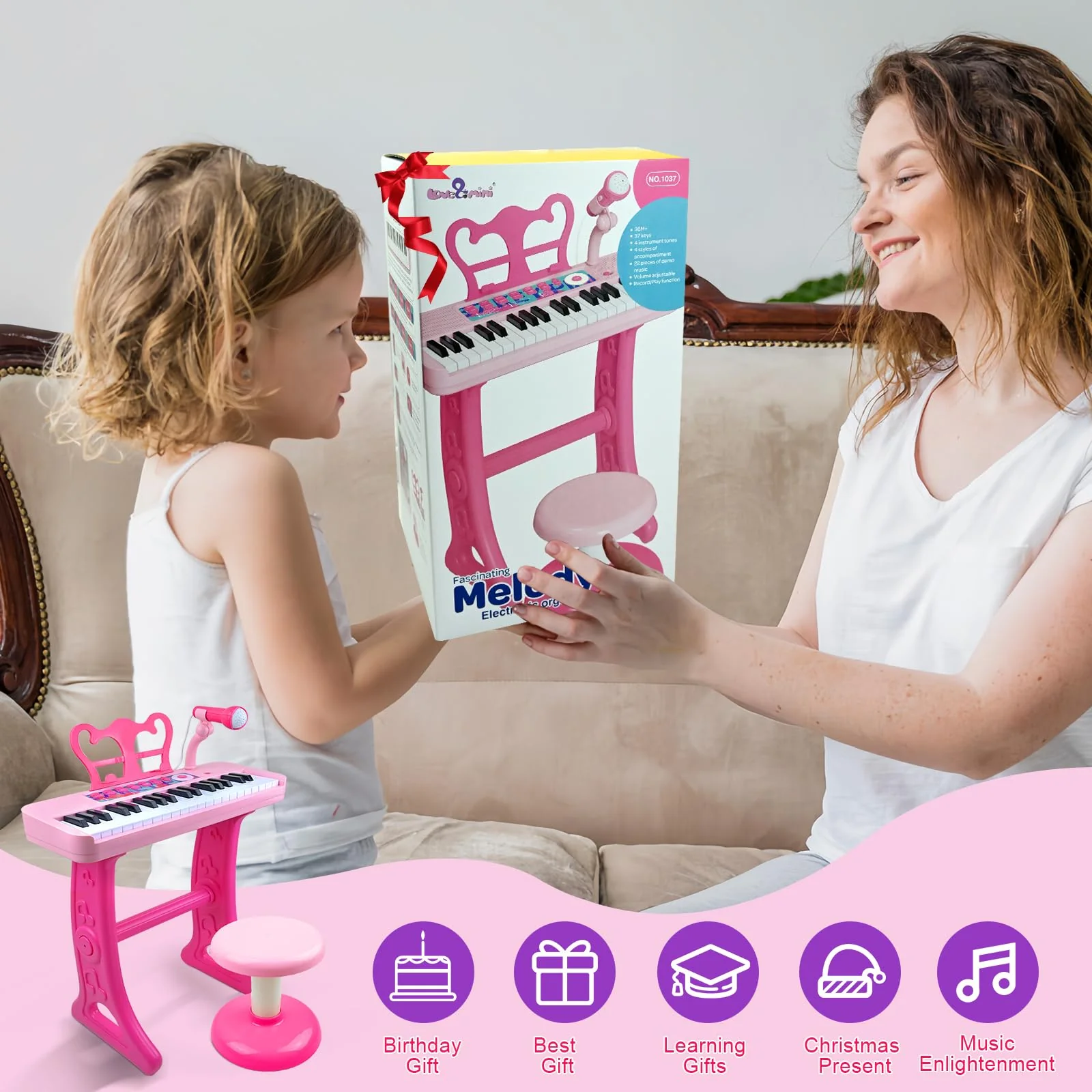 Love&Mini Kids Keyboard Toys for Girls - 37 Keys Pianos Toy with Stool and Microphone Pink Electronic Musical Instrument, Christmas Birthday Gift for Kids 3 4 5 6 7 8 Years Old Boy and Girl - Image 2