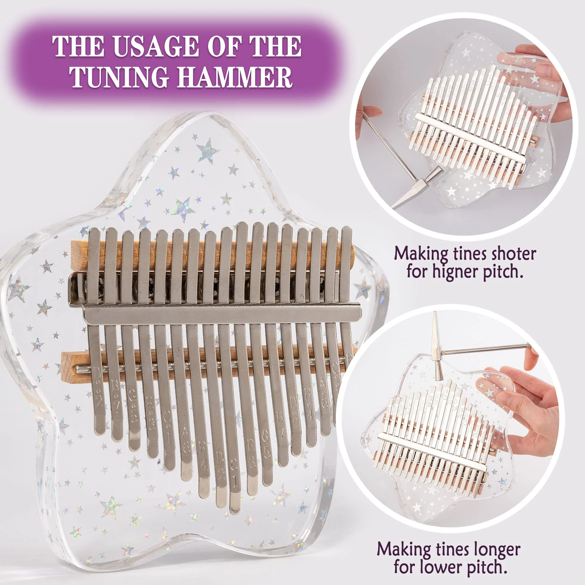 LUCKIPLUS Cute Kalimba Thumb Piano 17 Keys-Star Crystal Acrylic Finger Piano-Portable Mbira Musical Instruments Cute Christmas Gift with Tune Hammer and Study Instruction for Adults Beginners - Image 6
