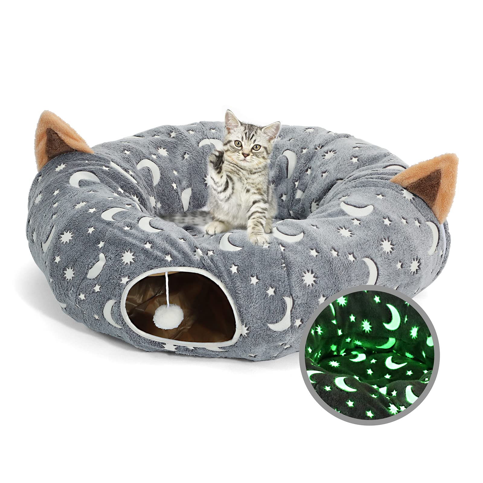 LUCKITTY Cat Tunnel Bed Under Christmas Tree with Plush Ball Toy Playground Crinkle Collapsible Self-Luminous Flannel Fabric 3FT for Large Cats Kittens Kitty Small Animals Puppy Grey Moon Star - Image 4