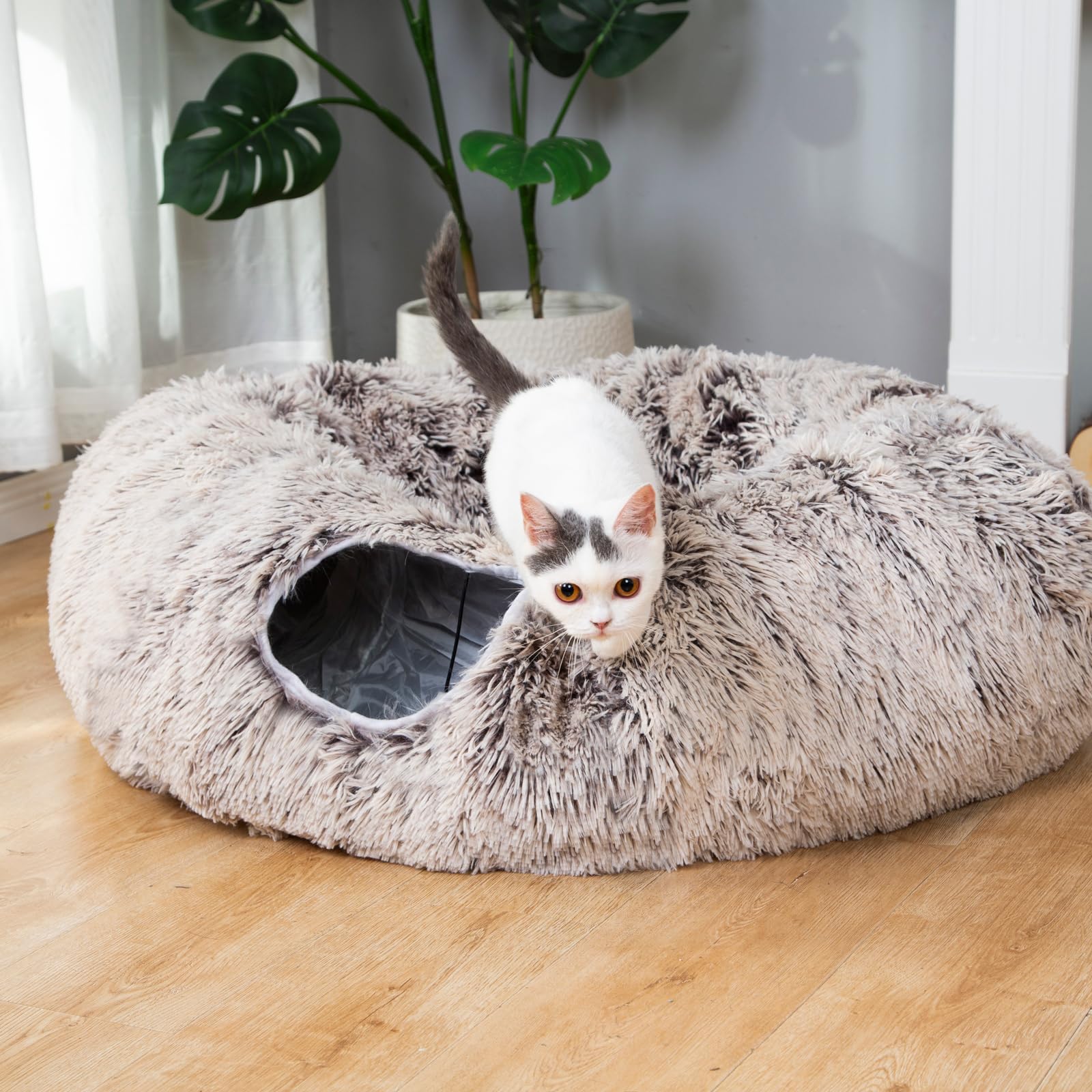 LUCKITTY Warm Fluffy Plush Cat Tunnel Bed Under Christmas Tree Big Tube Playground Toys 3 FT Diameter Longer Crinkle Collapsible 3 Way, for Indoor Cat Kitty Kitten Puppy Rabbit Ferret Brown - Image 3