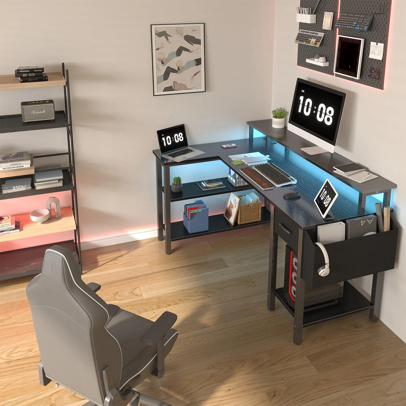 Lufeiya L Shaped Gaming Desk with Fabric Drawers and Storage Shelves, 47 inch Home Office Desk with Monitor Stand, Computer Desk with LED Lights and Power Outlets, Black - Image 8