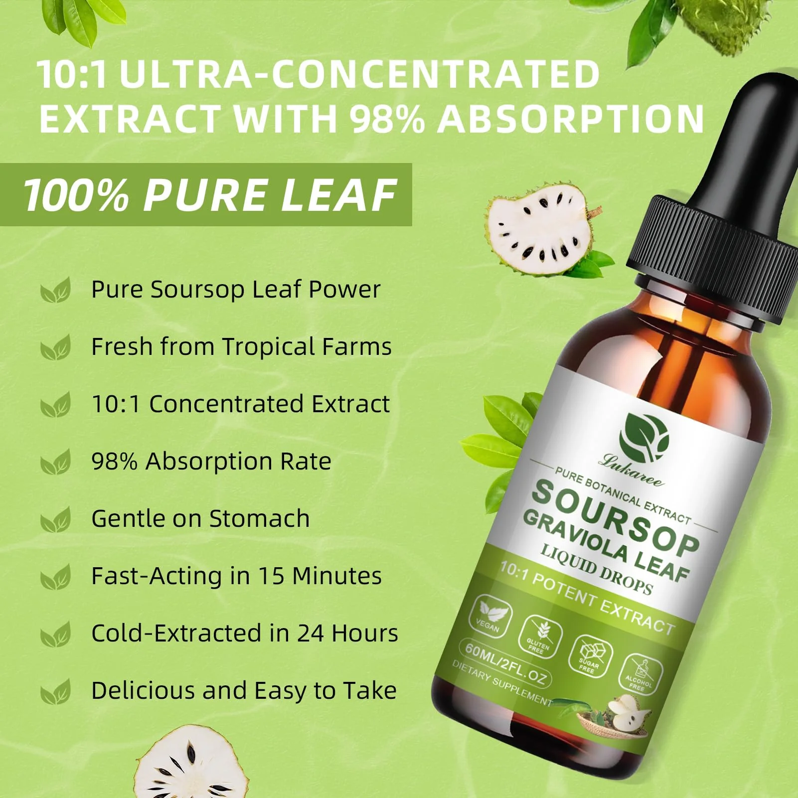 Lukaree 100% Pure Soursop Leaf Extract Drops, 10X Concentrated Graviola Soursop Bitters Liquid for Immune Digestive Energy, Cold-Extracted with High Potency, Alcohol-Free, Vegan & Non-GMO (4 FL.OZ) - Image 4