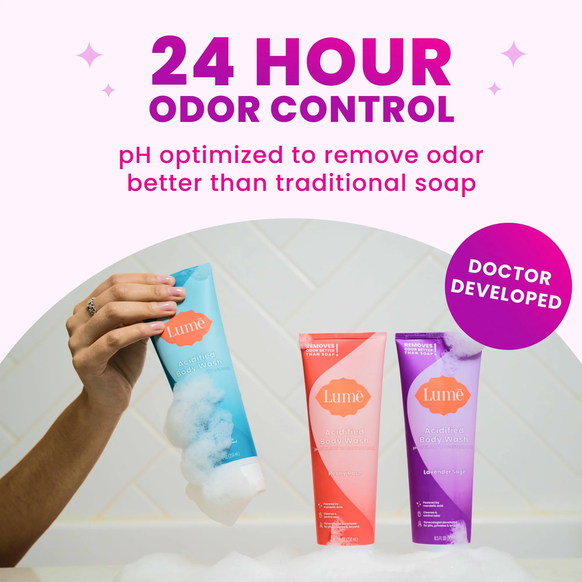 Lume Acidified Body Wash - 24 Hour Odor Control - Removes Odor Better than Soap - Formulated Without SLS or Parabens - OB/GYN Developed - 8.5 ounce (Pack of 2) (Clean Tangerine & Lavender Sage) - Image 8