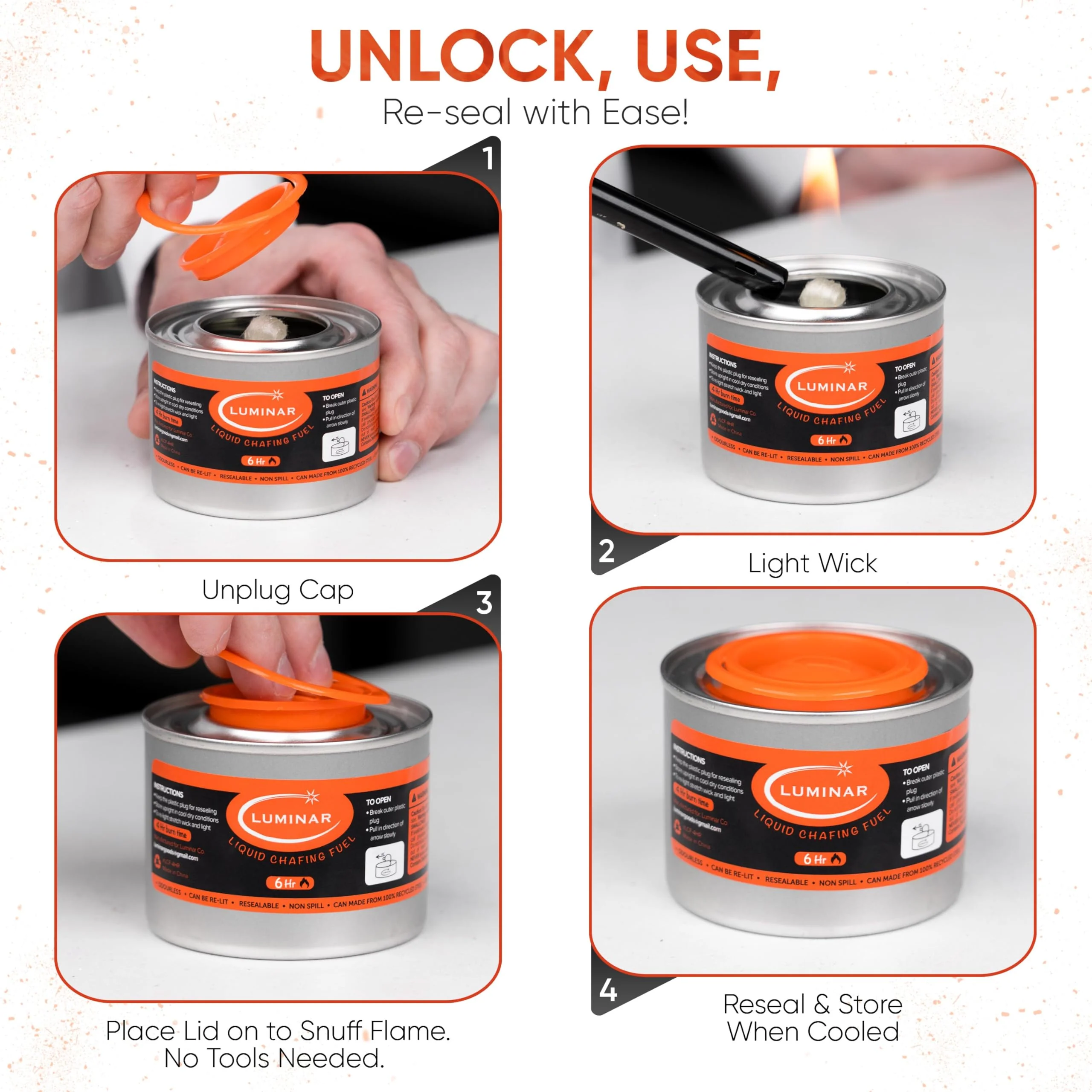 Luminar Resealable-Wick Chafing Fuel Cans, 24 Pack, 6 Hour - Premium Quality Burners for Food Warmers - No More Spills, Waste, or Hassle - Perfect for Convenient, and Long-Lasting Event Catering - Image 5