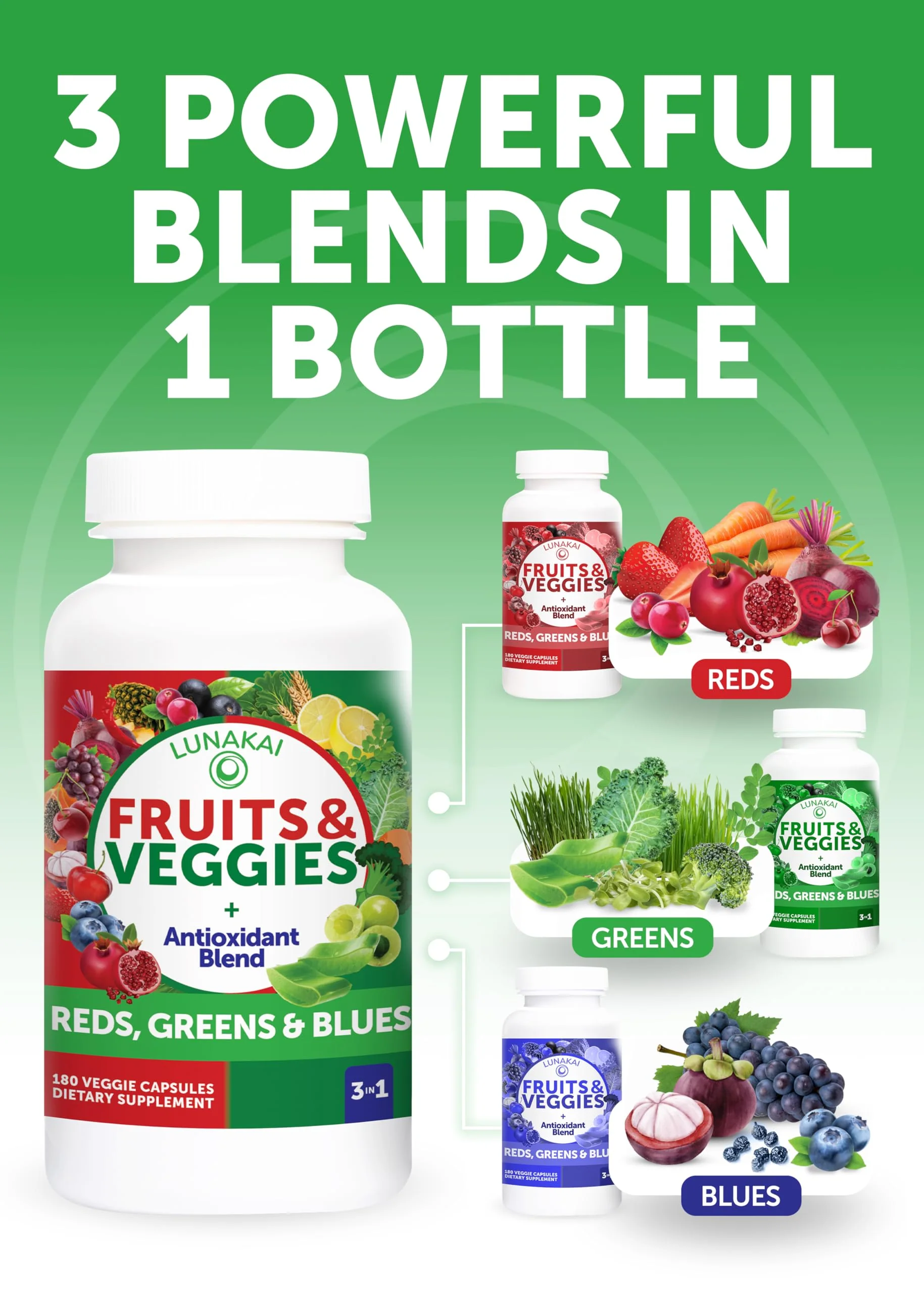 Lunakai USA Made Superfood Fruits & Veggies Supplement - All-in-One with 4 Blends & Scented Capsules, 180ct Super Veggie Capsules for Adults - Image 8