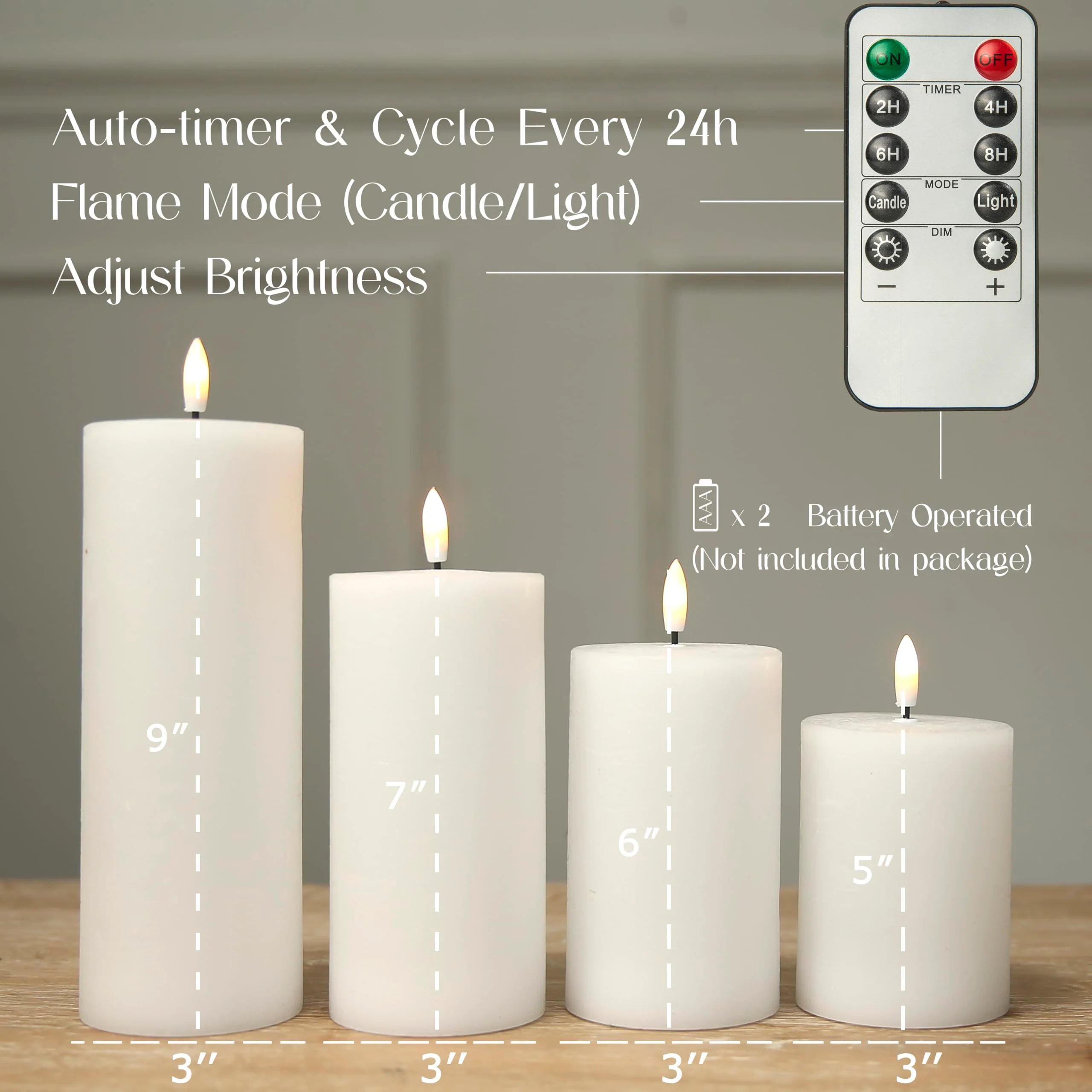LUSHABOR Flameless Candles, 4 Pack Battery Operated Candles with Remote, Real Wax LED Fake Candles with Timer Flickering for Christmas Wedding Home Party D3 H 5" 6" 7" 9" White - Image 6