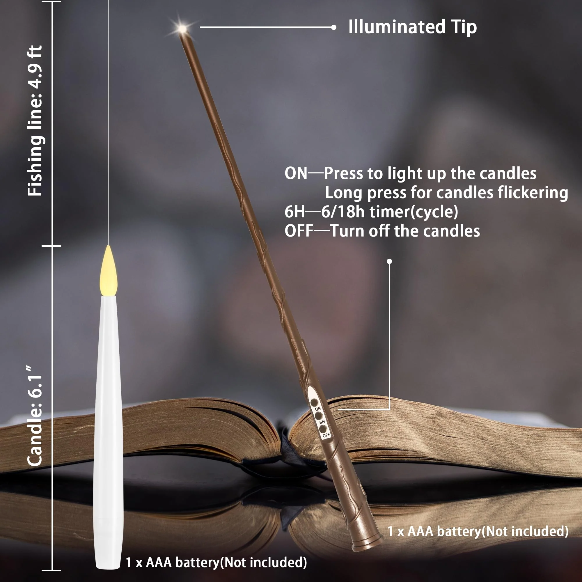 LUSHARBOR Floating Candles with Wand, 10 Pack Halloween Flameless Candles Battery Operated LED Taper Hanging Electric Candle for Christmas Halloween Birthday Party Decor 6.1in - Image 5