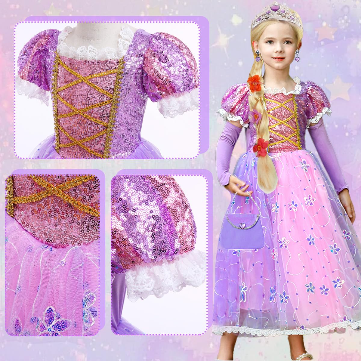 Luzlen Little Girls Princess Costume Kids Fancy Purple Dress for Halloween Party Christmas Carnival, 5-6 Years(Label 130) - Image 3