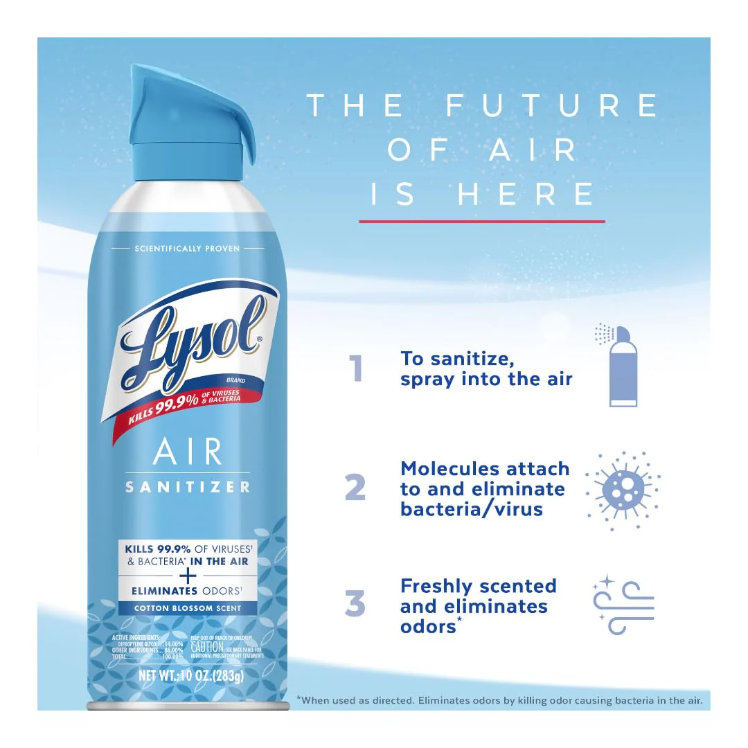 Lysol Air Sanitizer Spray, For Air Sanitization and Odor Elimination, Simple Fresh, Lavender, Cotton Blossom 10 Fl. Oz (Pack of 3) - Image 4