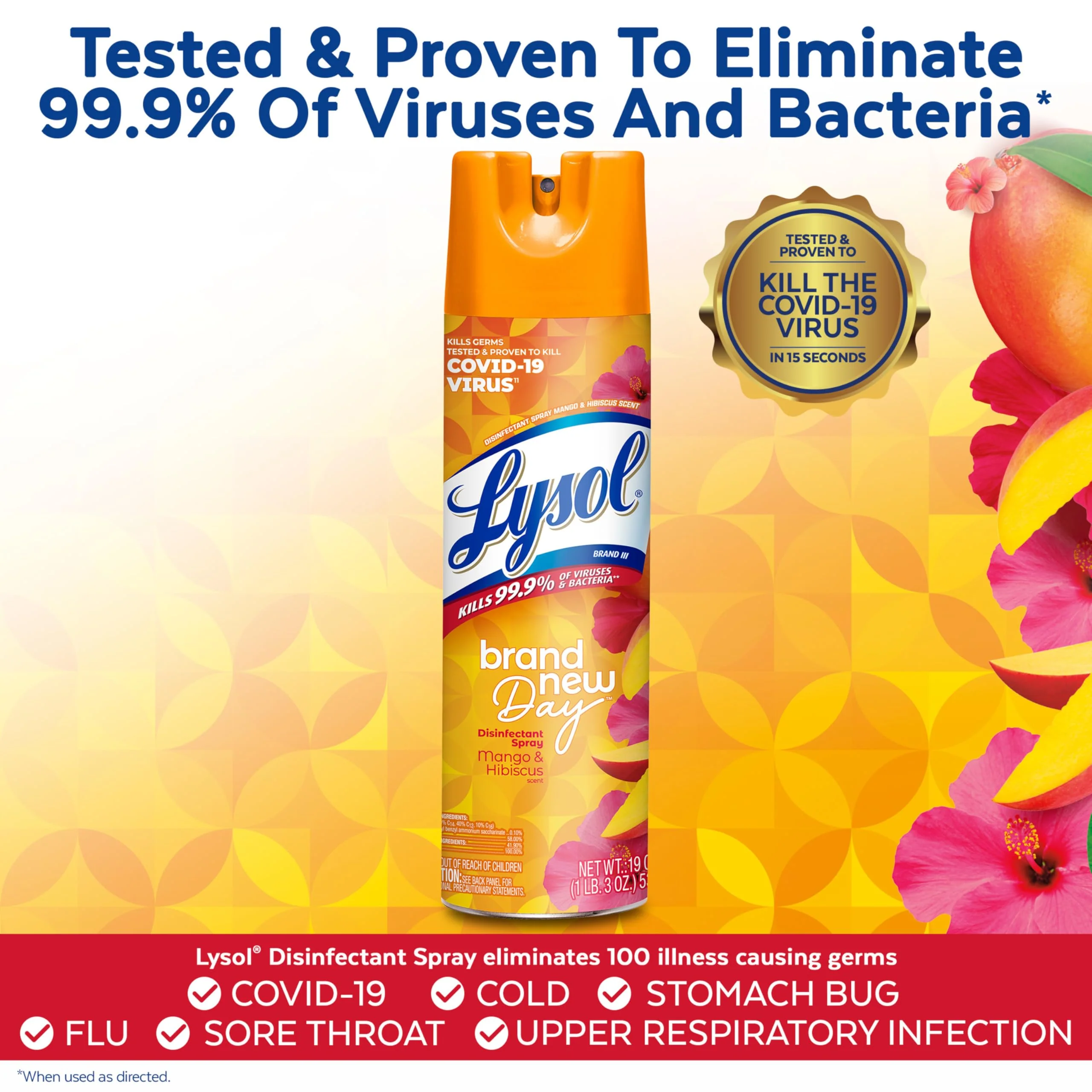 Lysol Disinfectant Spray, Sanitizing and Antibacterial Spray, For Disinfecting and Deodorizing, Mango & Hibiscus, 19 Fl. Oz (Pack of 2) - Image 6