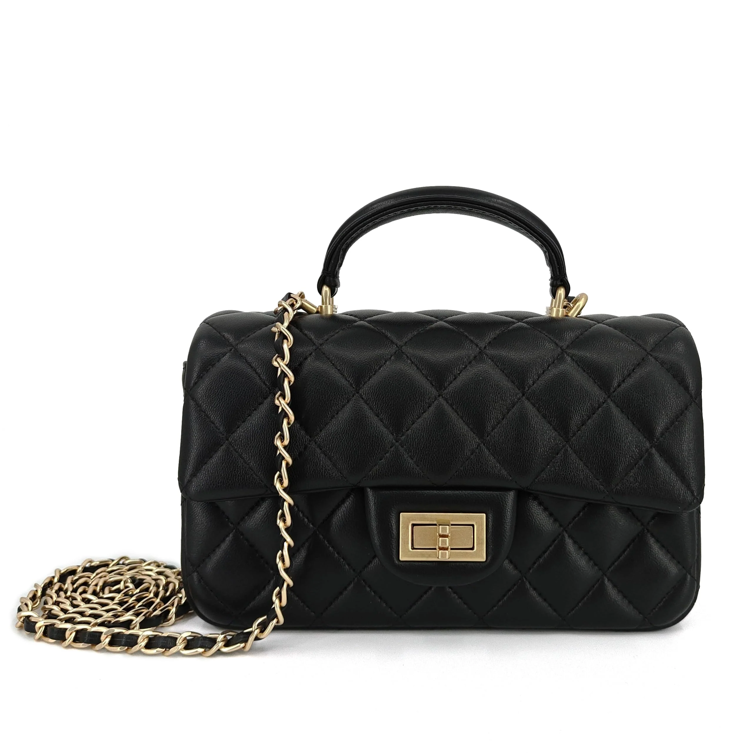 M-ioi-M Small Quilted Crossbody Bags for Women, Genuine Leather Shoulder Bags with Gold Chain Strap, Soft Lambskin Top Handle Flap Purses, Trendy Luxury Designer Lady Dressy Evening Handbags (Black)