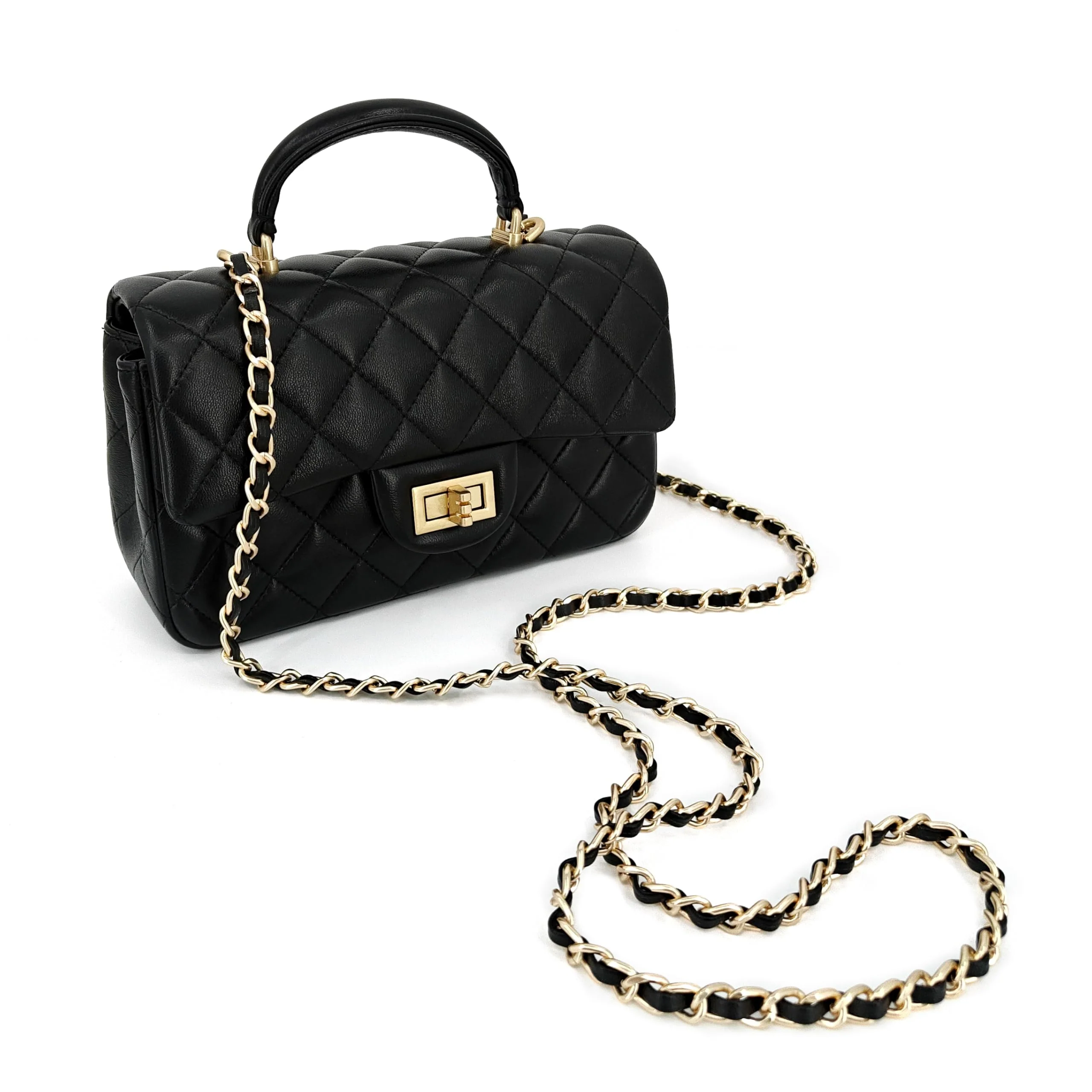 M-ioi-M Small Quilted Crossbody Bags for Women, Genuine Leather Shoulder Bags with Gold Chain Strap, Soft Lambskin Top Handle Flap Purses, Trendy Luxury Designer Lady Dressy Evening Handbags (Black) - Image 3