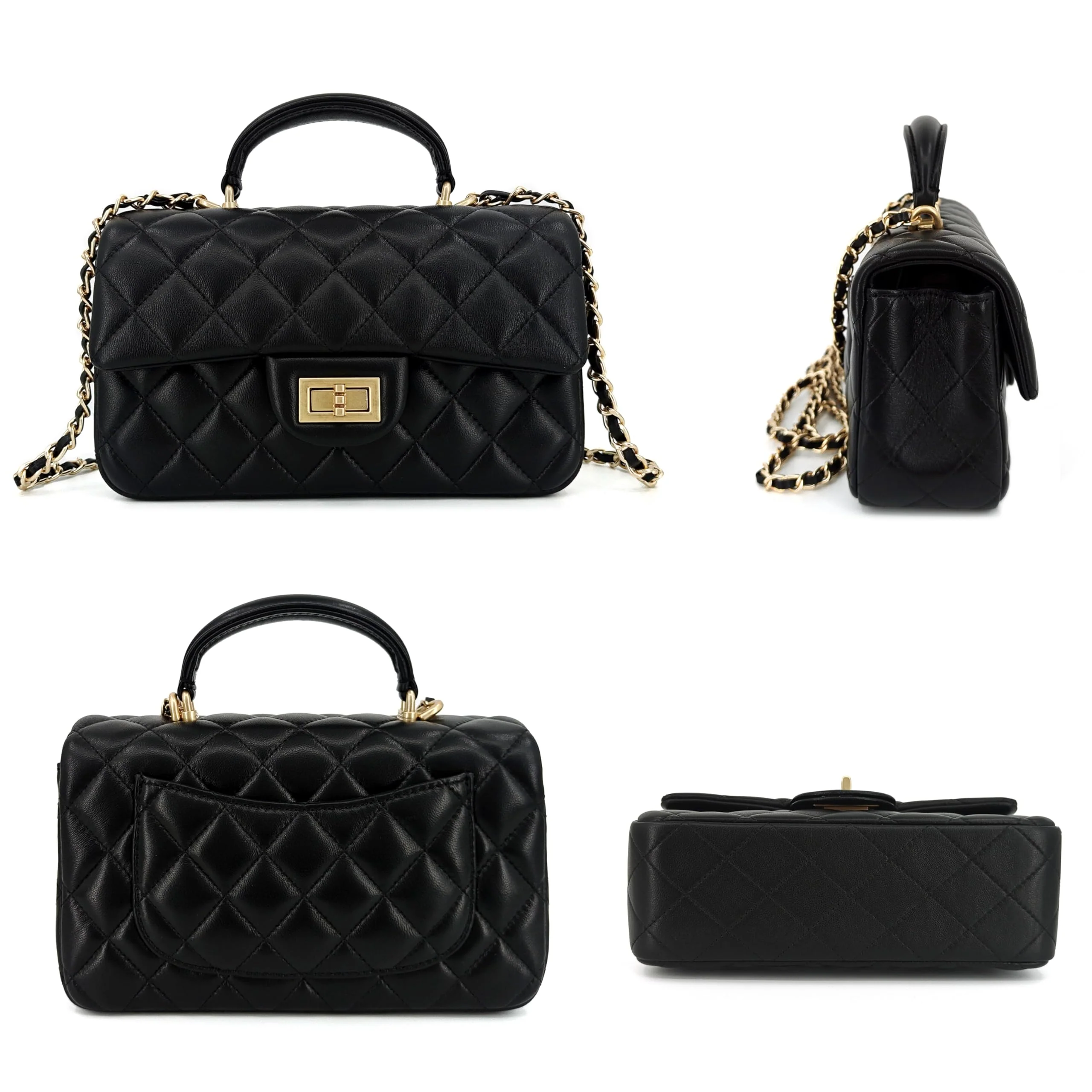 M-ioi-M Small Quilted Crossbody Bags for Women, Genuine Leather Shoulder Bags with Gold Chain Strap, Soft Lambskin Top Handle Flap Purses, Trendy Luxury Designer Lady Dressy Evening Handbags (Black) - Image 7