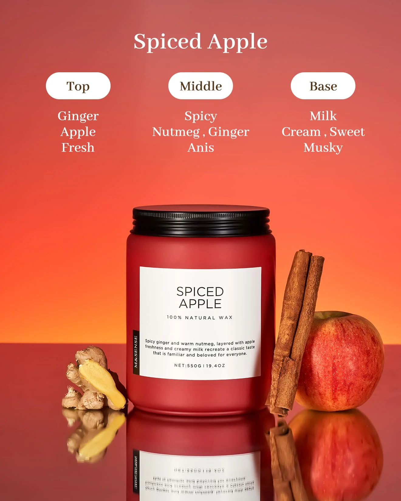 M&SENSE Spiced Apple Scented Candles for Home Natural Soy Wax 19.4oz 110 Hours Large Long Lasting Highly Scented Classic Christmas Holiday 2 Wicks Candle Gift Home Decor - Image 7