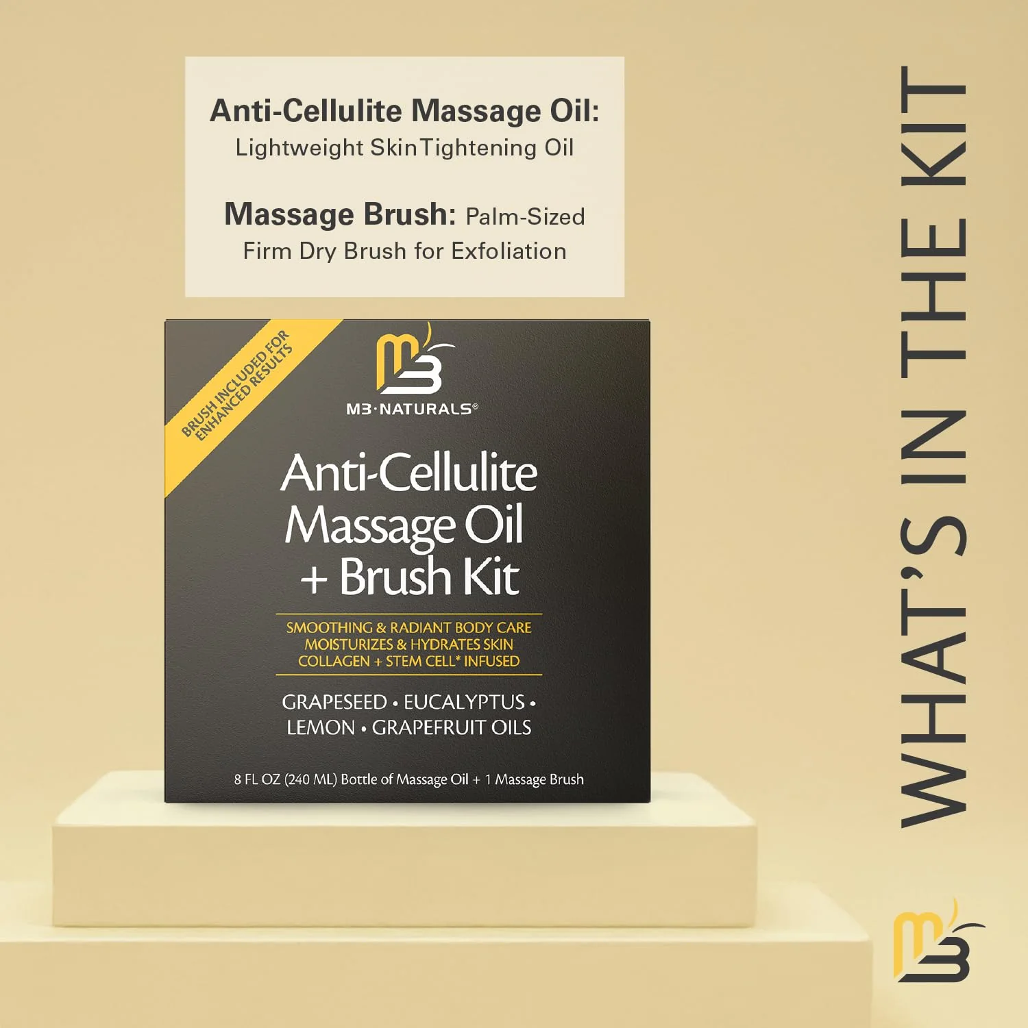 M3 Naturals Anti Cellulite Massage Oil and Firm Dry Brush Kit | Collagen & Stem Cell Skin Tightening Kit | Radiant Body Care Kit for Women - Image 5
