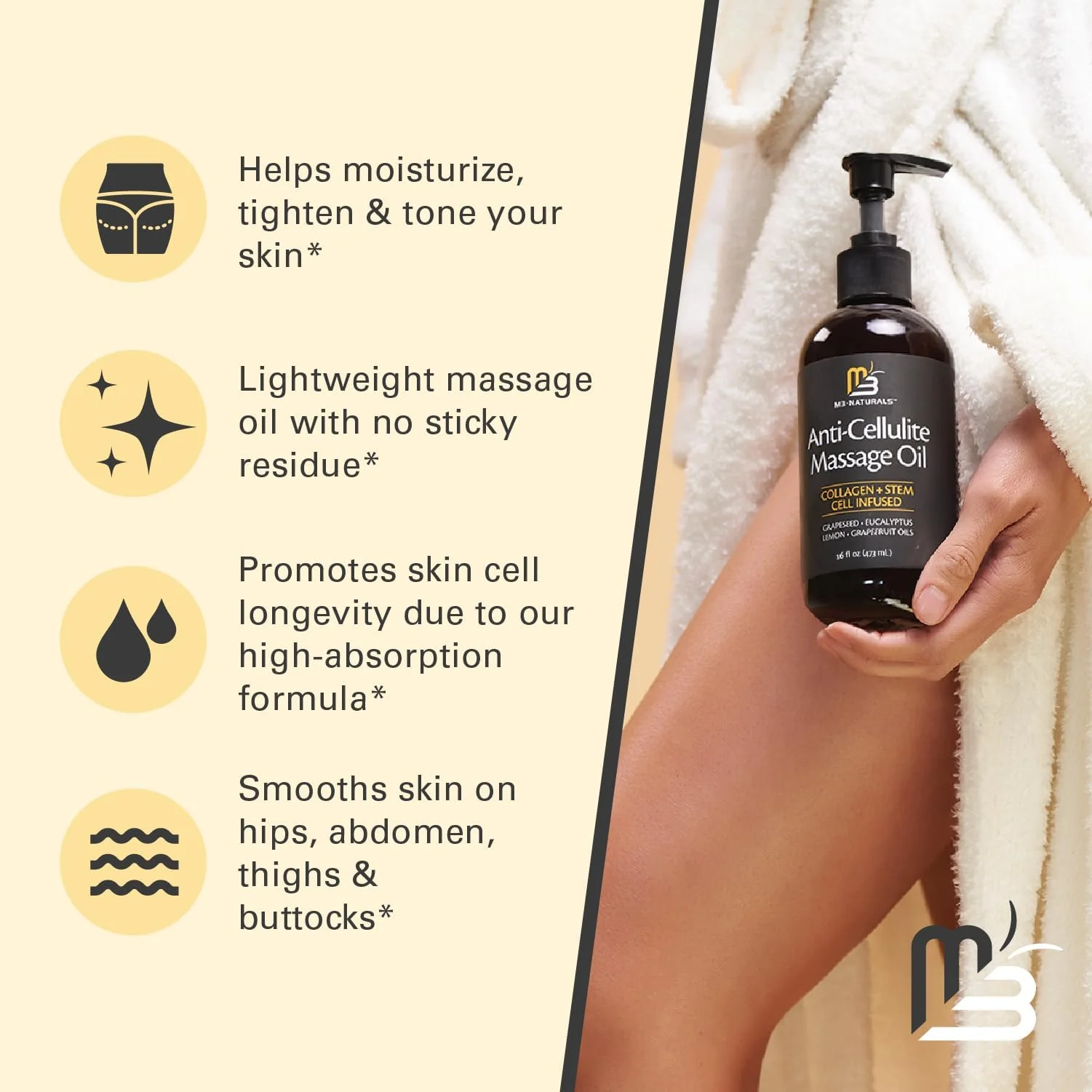 M3 Naturals Firming Body Massage Oil with Collagen & Stem Cell – Helps Smooth The Appearance of Cellulite & Improve Skin Texture – Refreshing Aromatherapy Body Oil for Legs & Full Body – 16 Fl Oz - Image 6