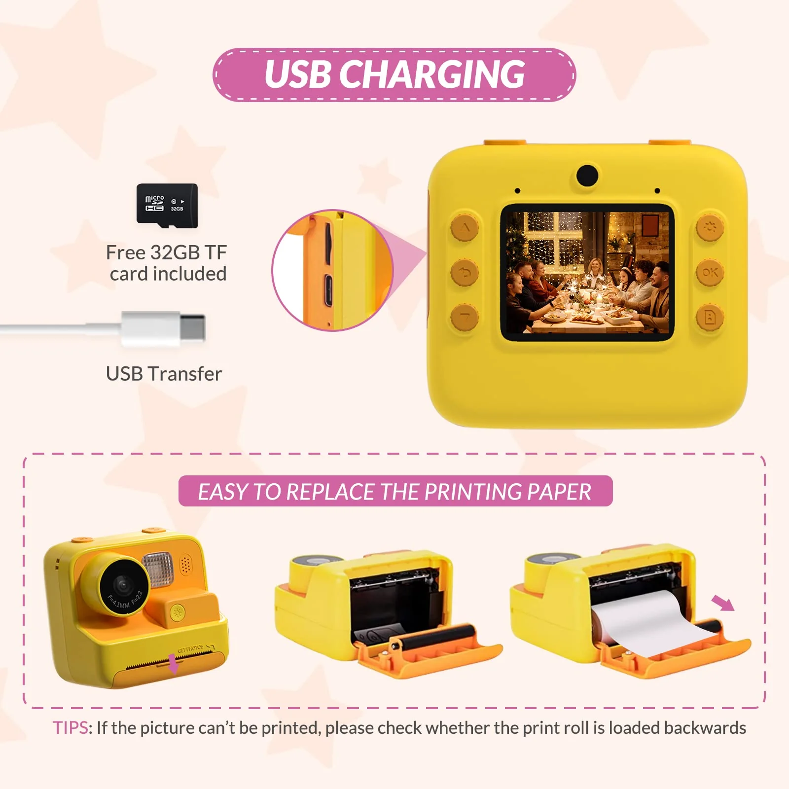 Mafiti Kids Camera Instant Print, 48MP Digital Camera Selfie 1080P Video with 32G TF Card, Toys Gifts for Girls Boys Aged 3-12 for Christmas/Birthday/Holiday (Orange) - Image 3