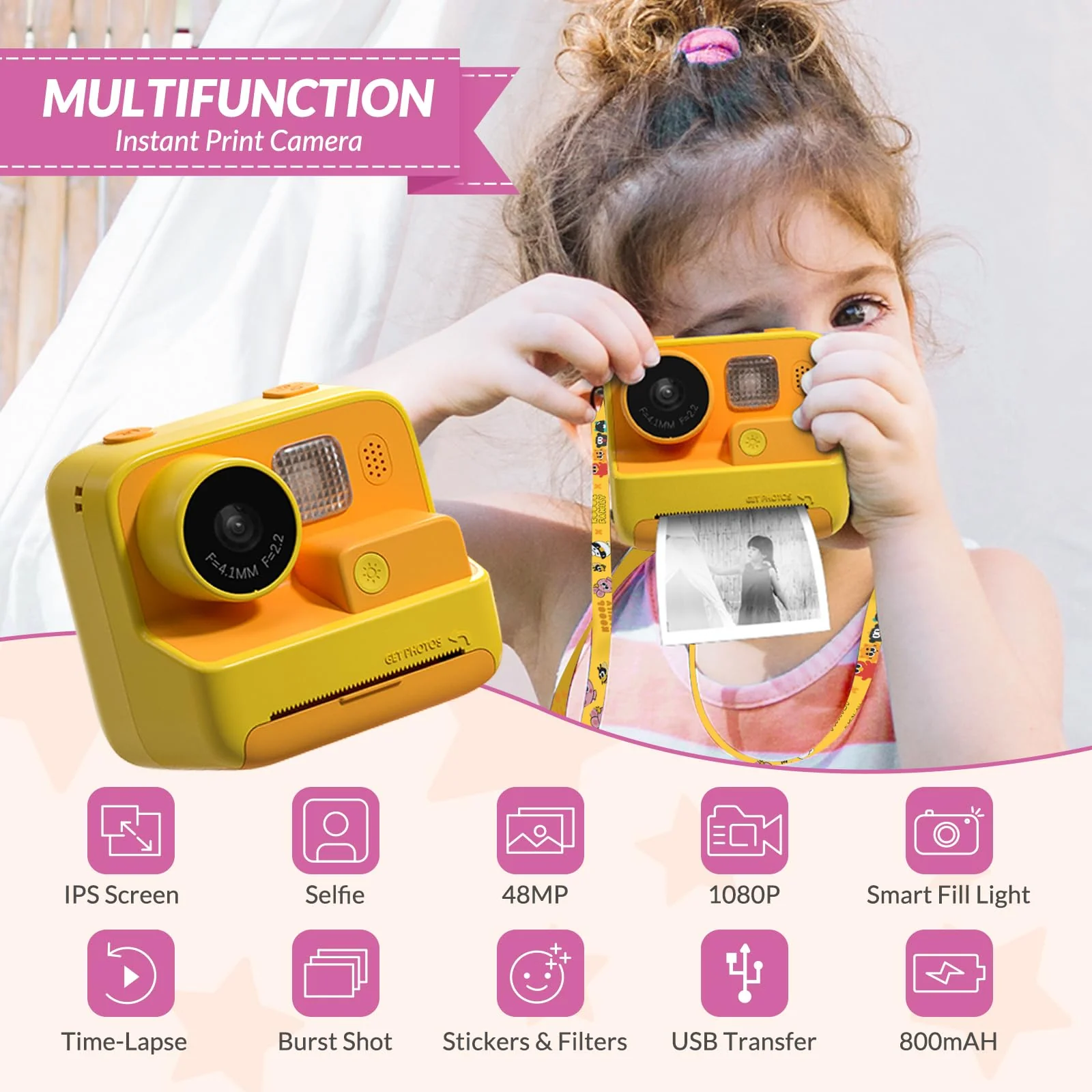 Mafiti Kids Camera Instant Print, 48MP Digital Camera Selfie 1080P Video with 32G TF Card, Toys Gifts for Girls Boys Aged 3-12 for Christmas/Birthday/Holiday (Orange) - Image 9