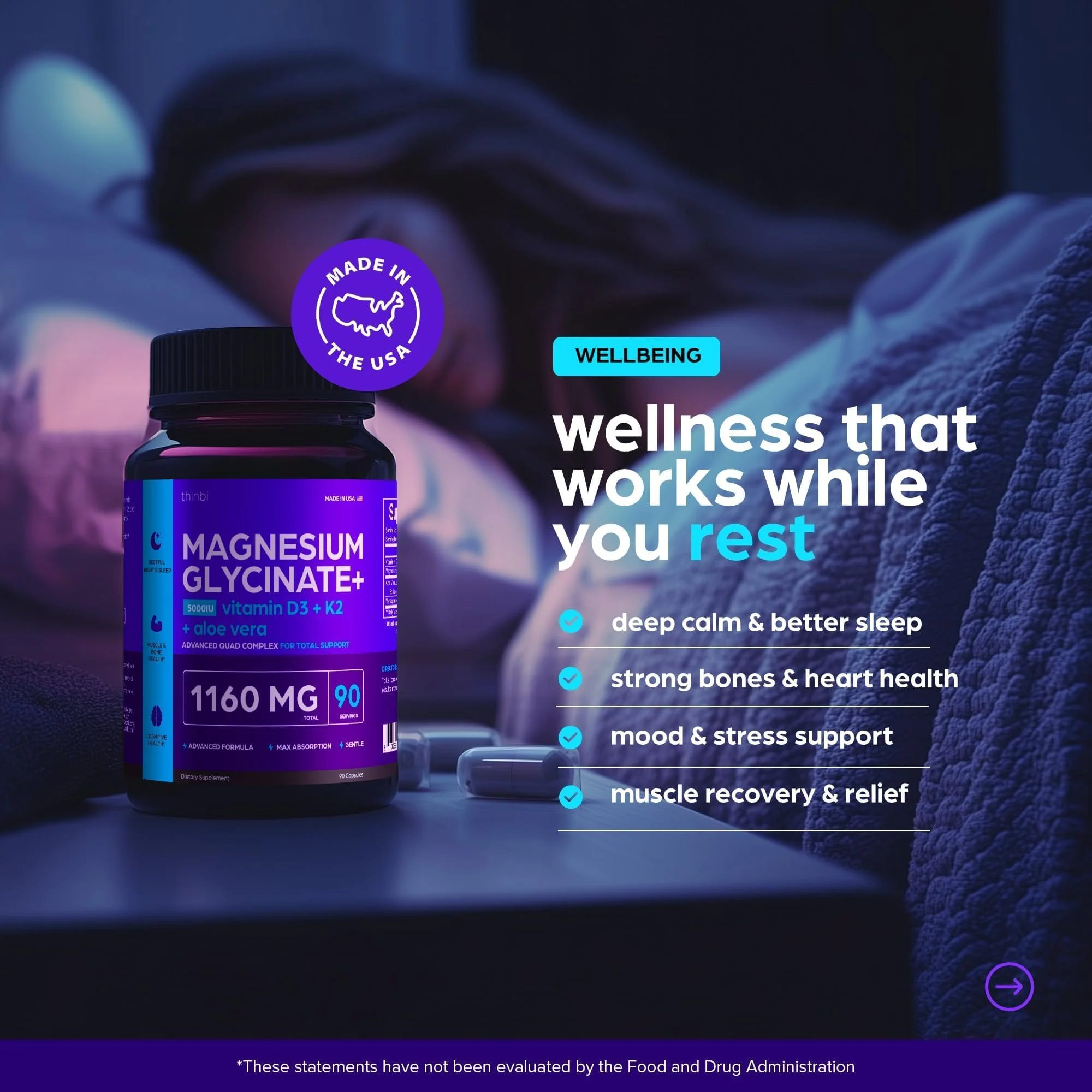 Magnesium Glycinate 1160mg + Aloe Vera, D3 & K2 Complex 90 Capsules – High Absorption, Non-Laxative – Supports Healthy Stress Response, Muscle Function & Healthy Metabolism – Chelated Formula - Image 5