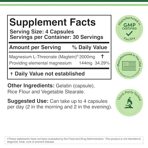 Magnesium L Threonate, Magtein™, Sleep and Cognitive Support – High Absorption – Most Bioavailable Form of Magnesium – 2,000 mg – 120 Capsules - Image 7
