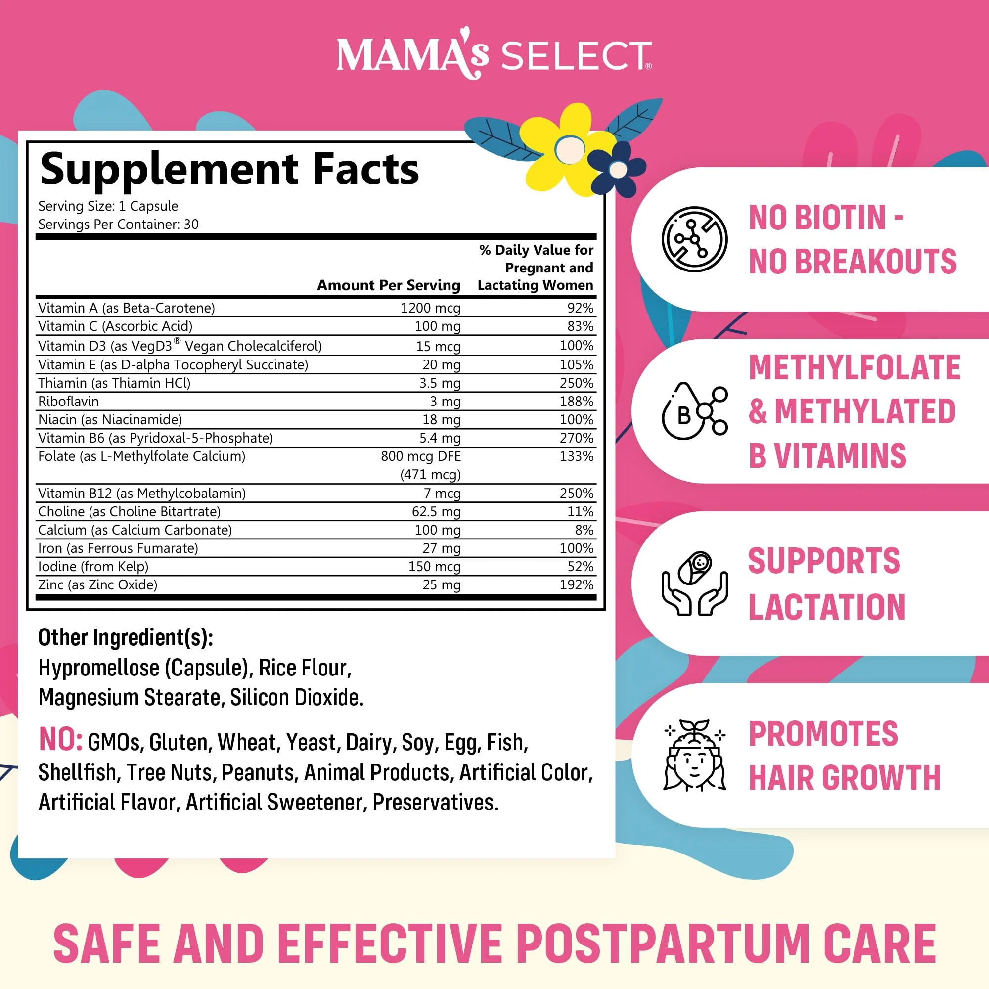 Mama's Select Postnatal Vitamins – Boosts Hair Recovery, Milk Supply, & Wellness – Allergen-Free, Vegan, MTHFR Friendly, Methylated Folate & B Vitamins, Easy-to-Swallow, No Biotin - 30 Capsules - Image 7