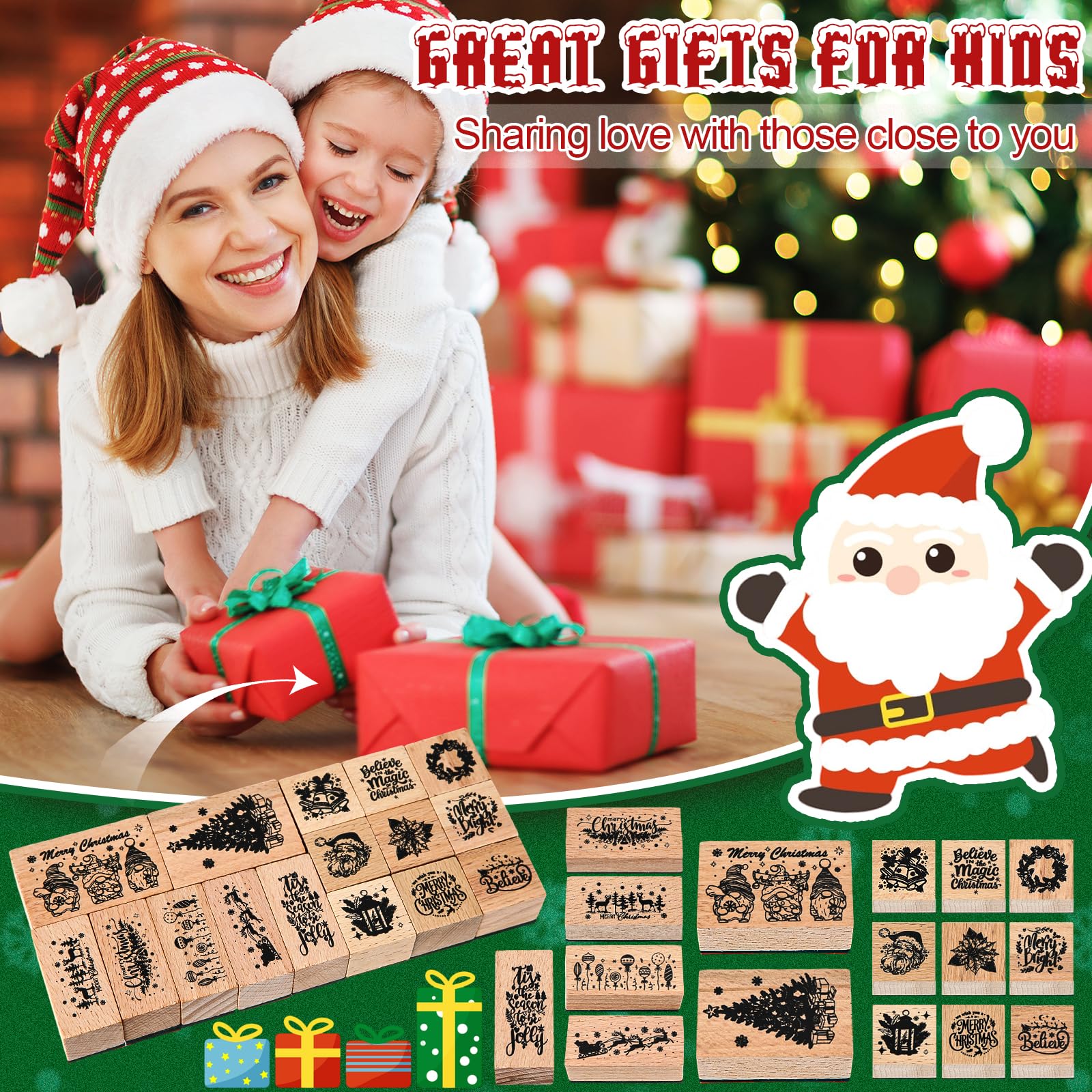 Marspark 22 Pcs Christmas Wooden Rubber Stamps and Craft Ink Pads Set Mixed Christmas DIY Cards Wooden Rubber Stamps for Party Scrapbooking Cards Making Supplies Gift Decor - Image 4