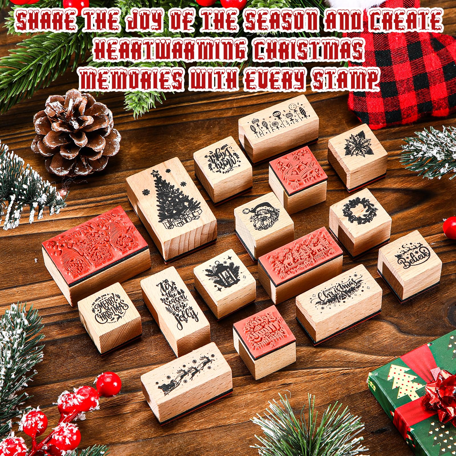 Marspark 22 Pcs Christmas Wooden Rubber Stamps and Craft Ink Pads Set Mixed Christmas DIY Cards Wooden Rubber Stamps for Party Scrapbooking Cards Making Supplies Gift Decor - Image 2