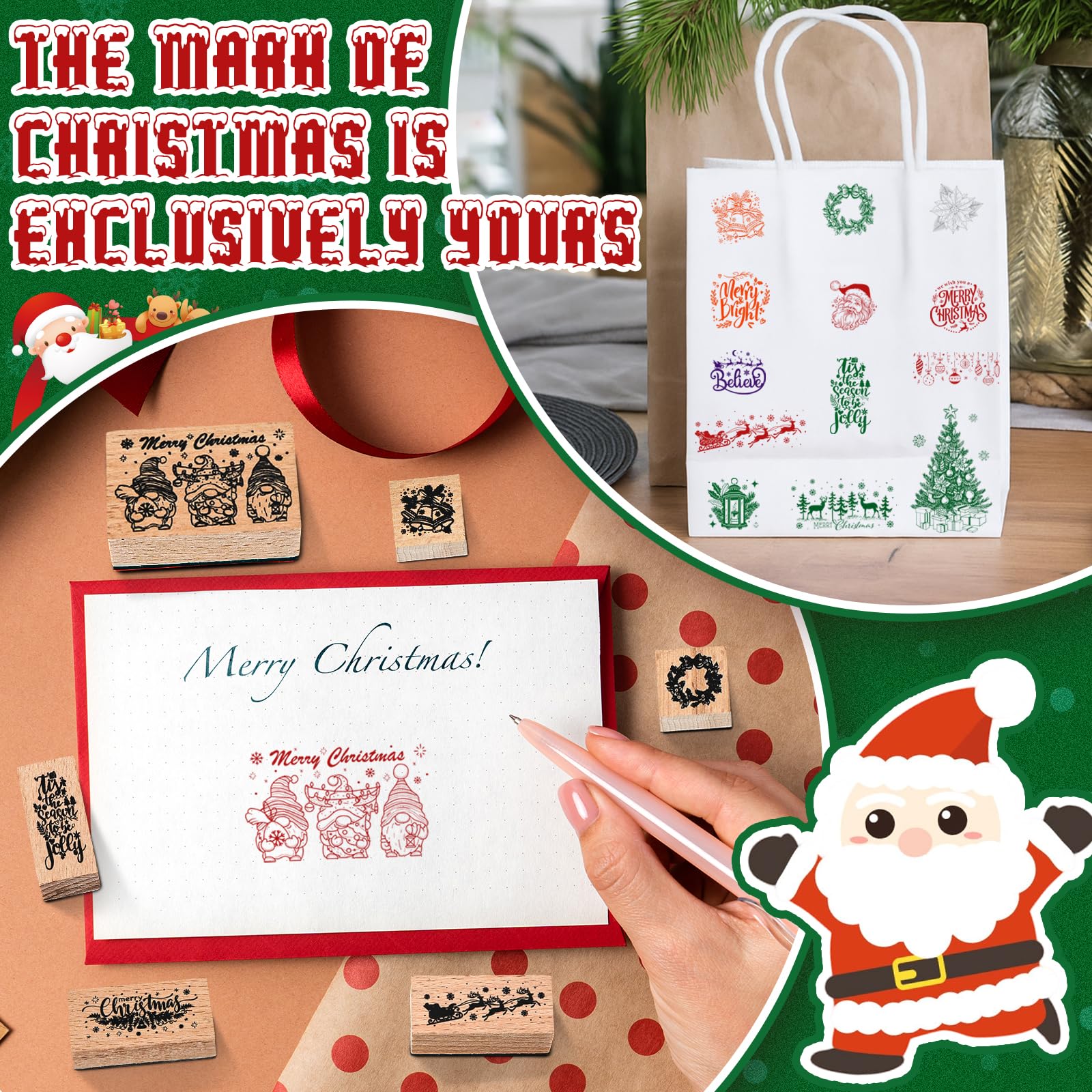 Marspark 22 Pcs Christmas Wooden Rubber Stamps and Craft Ink Pads Set Mixed Christmas DIY Cards Wooden Rubber Stamps for Party Scrapbooking Cards Making Supplies Gift Decor - Image 3
