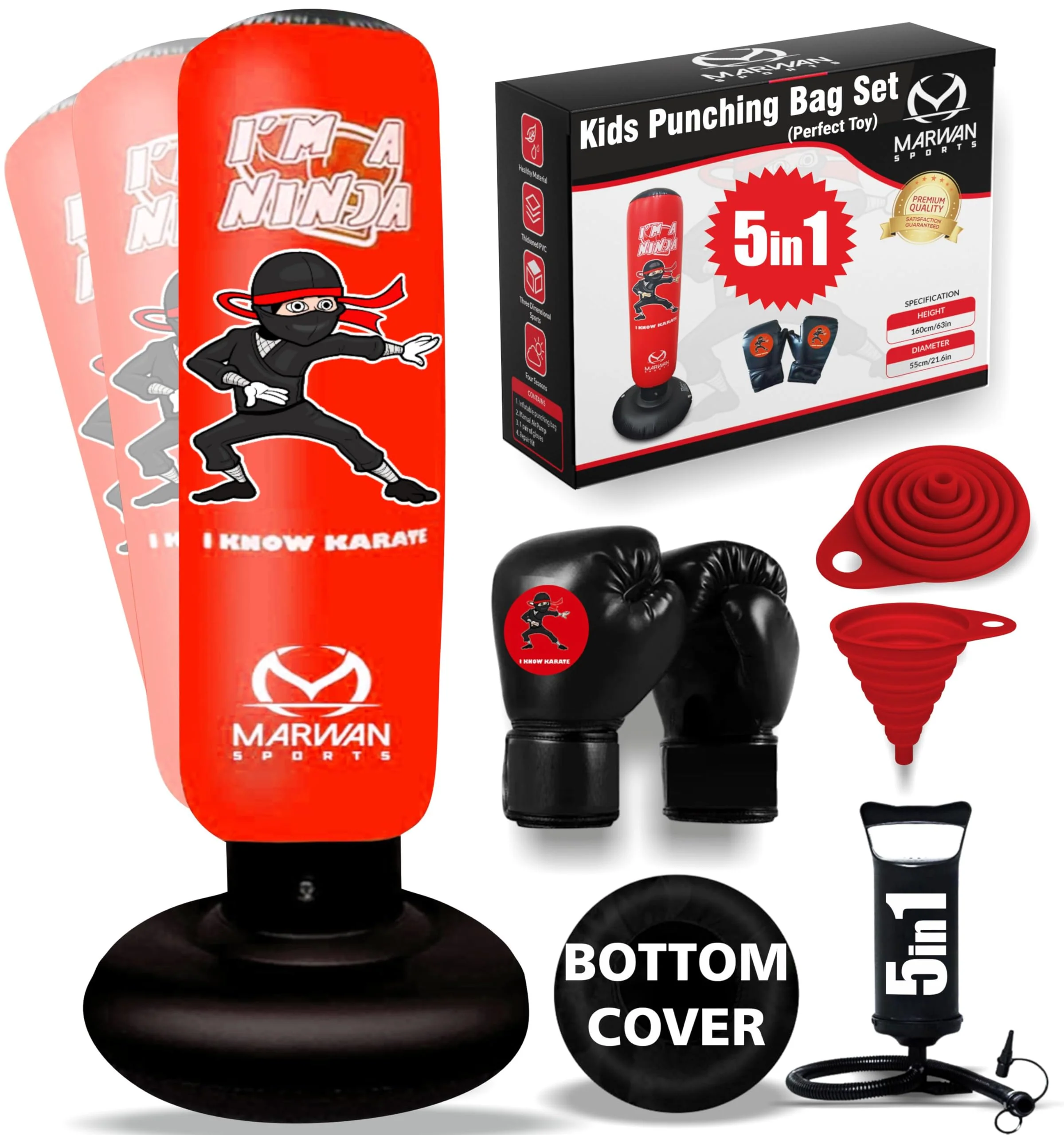 Marwan Sports Kids Punching Bag Toy Set, Inflatable Boxing Bag Toy for Boys Age 3-12, Ninja Toys for Boys, Christmas,Birthday Gifts for Kids 4,5,6,7,8,9,10 Years Old (Red Ninja)