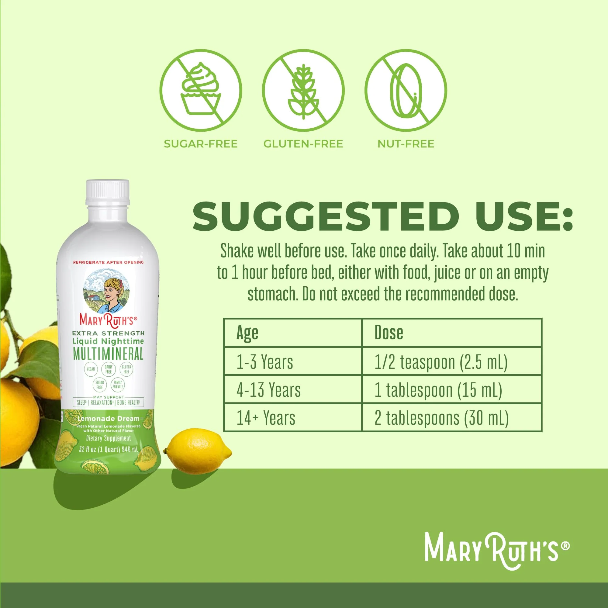 MaryRuth Organics Extra Strength Nighttime Liquid Multimineral | Sugar Free | Calm Magnesium Citrate | NO Melatonin | Calcium Magnesium Zinc | Muscle Relaxation | Lemonade Flavor | Vegan | 32 Serving - Image 9