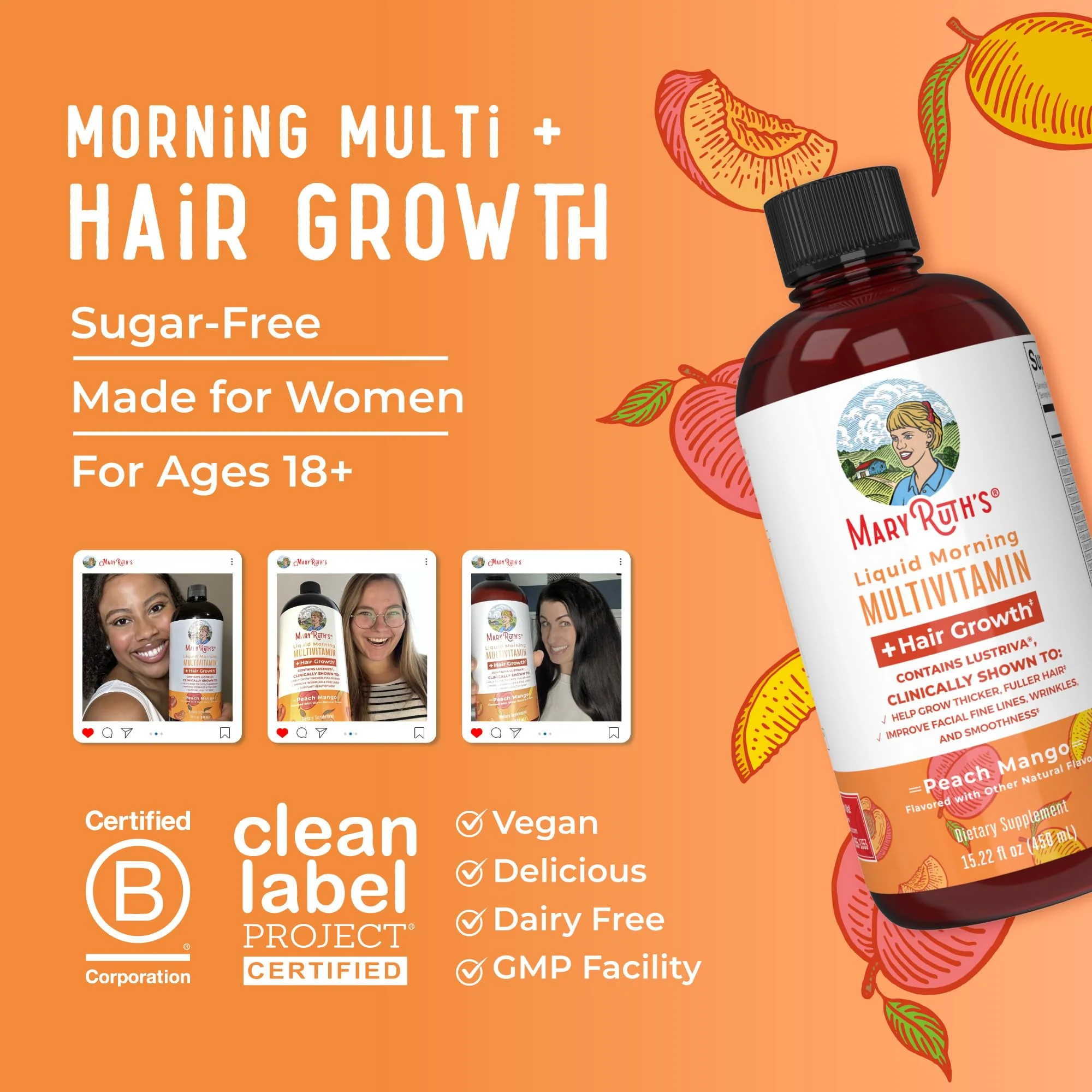 MaryRuth Organics Liquid Multivitamin + Hair Growth | Biotin 10000mcg | Lustriva Hair Growth Supplement | Clinically Tested in Women for Thicker Hair & Facial Wrinkle | Skin Care | 18+ | 15.22 Fl Oz - Image 3