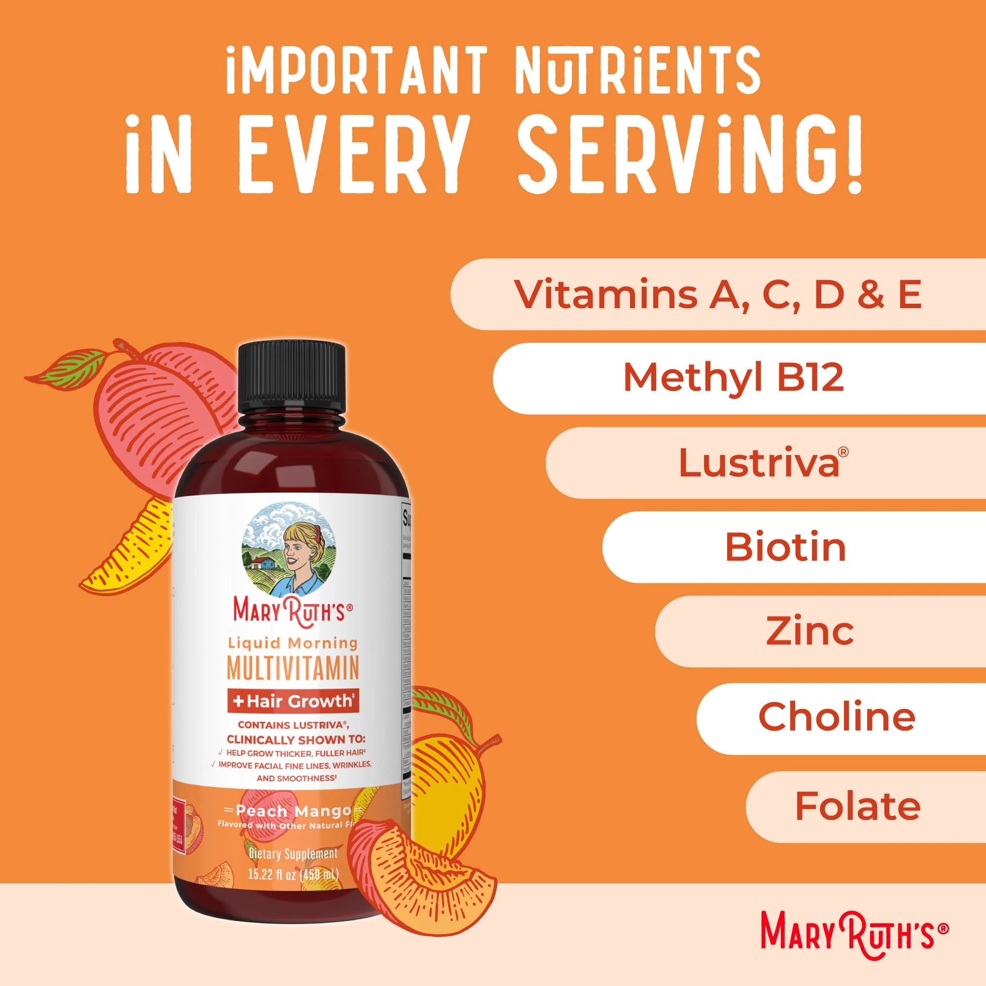 MaryRuth Organics Liquid Multivitamin + Hair Growth | Biotin 10000mcg | Lustriva Hair Growth Supplement | Clinically Tested in Women for Thicker Hair & Facial Wrinkle | Skin Care | 18+ | 15.22 Fl Oz - Image 4