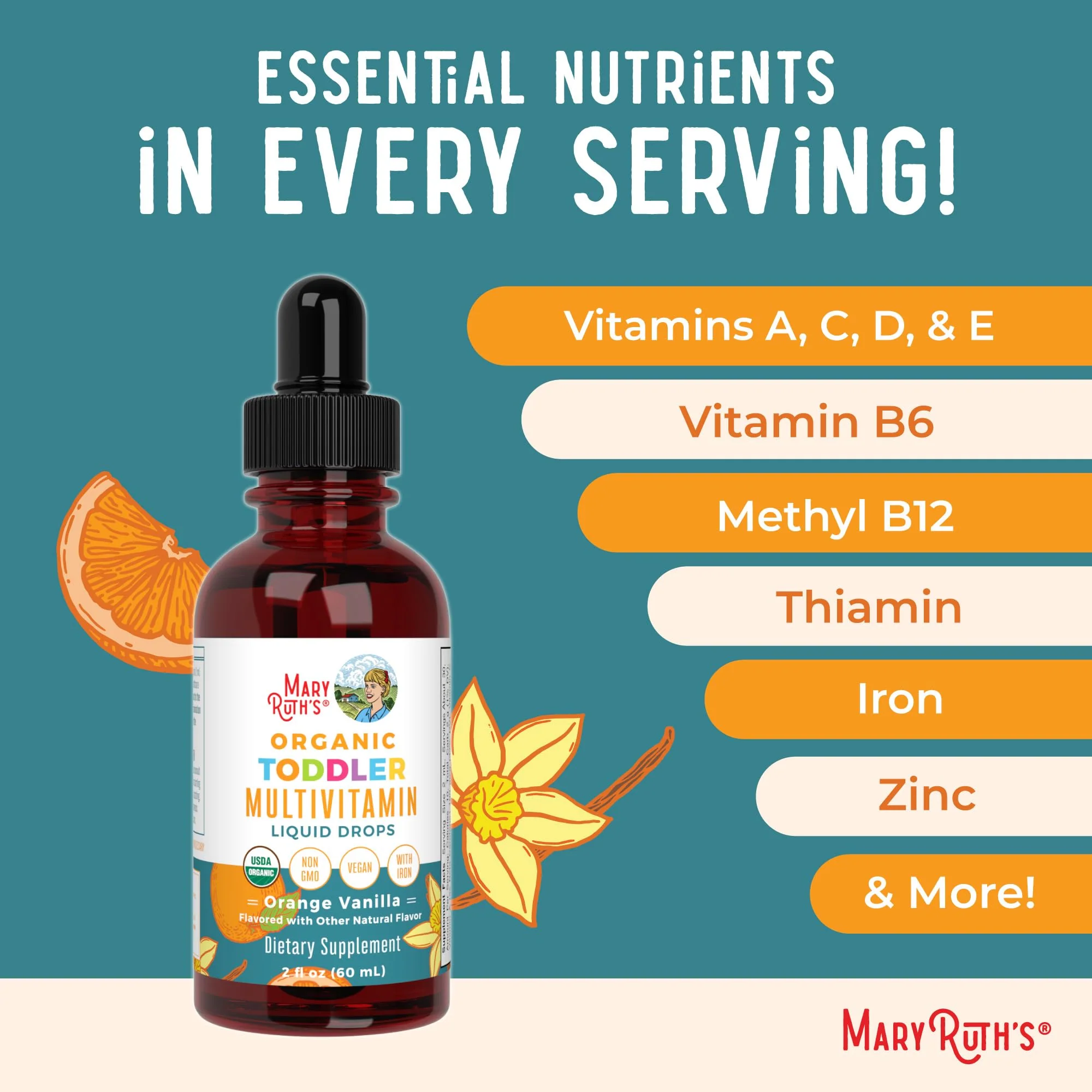 MaryRuth Organics Multivitamin & Multimineral with Iron for Toddlers | USDA Organic | Sugar Free | Multivitamin Liquid Drops for Kids Ages 1-3 | Immune Support | Vegan | Non-GMO | 2 Fl Oz - Image 4